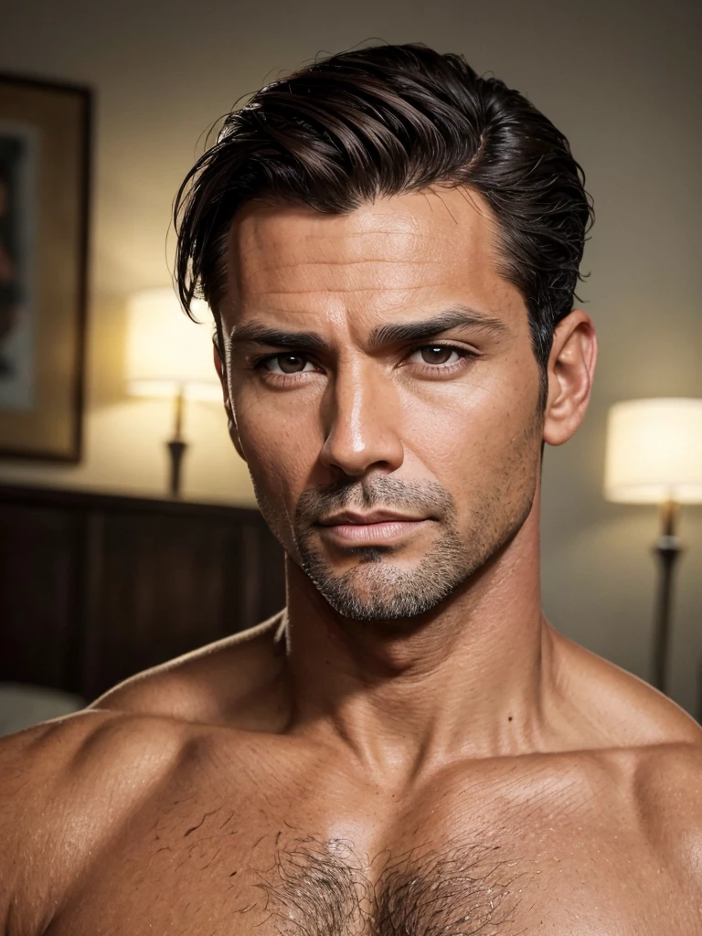 (best quality), 1boy, Male, mature male, 46 years old, miguel o'hara, tanned skin, dark brown hair, short hair, hair slicked back, strands over eye, slightly wavy hair, brown eyes, perfect eyes, muscular, handsome, high cheekbones, strong jawline, masterpiece, anatomically correct, highres