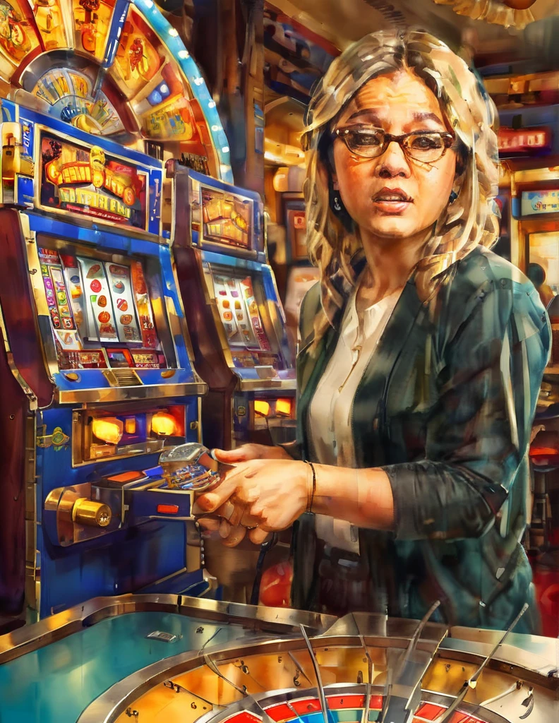 (Slot), (7), (Pachinko Parlor), (playing slot), (1 girl), (20s), (beautiful), (glasses), (multiple slot machines),(best quality:1.2),(master piece:1.2),(8k),(16k:1.2),(Illustration),(Best Quality:1.2), (Ultra-detailed:1.2),(top-quality:1.2),(​masterpiece:1.2)