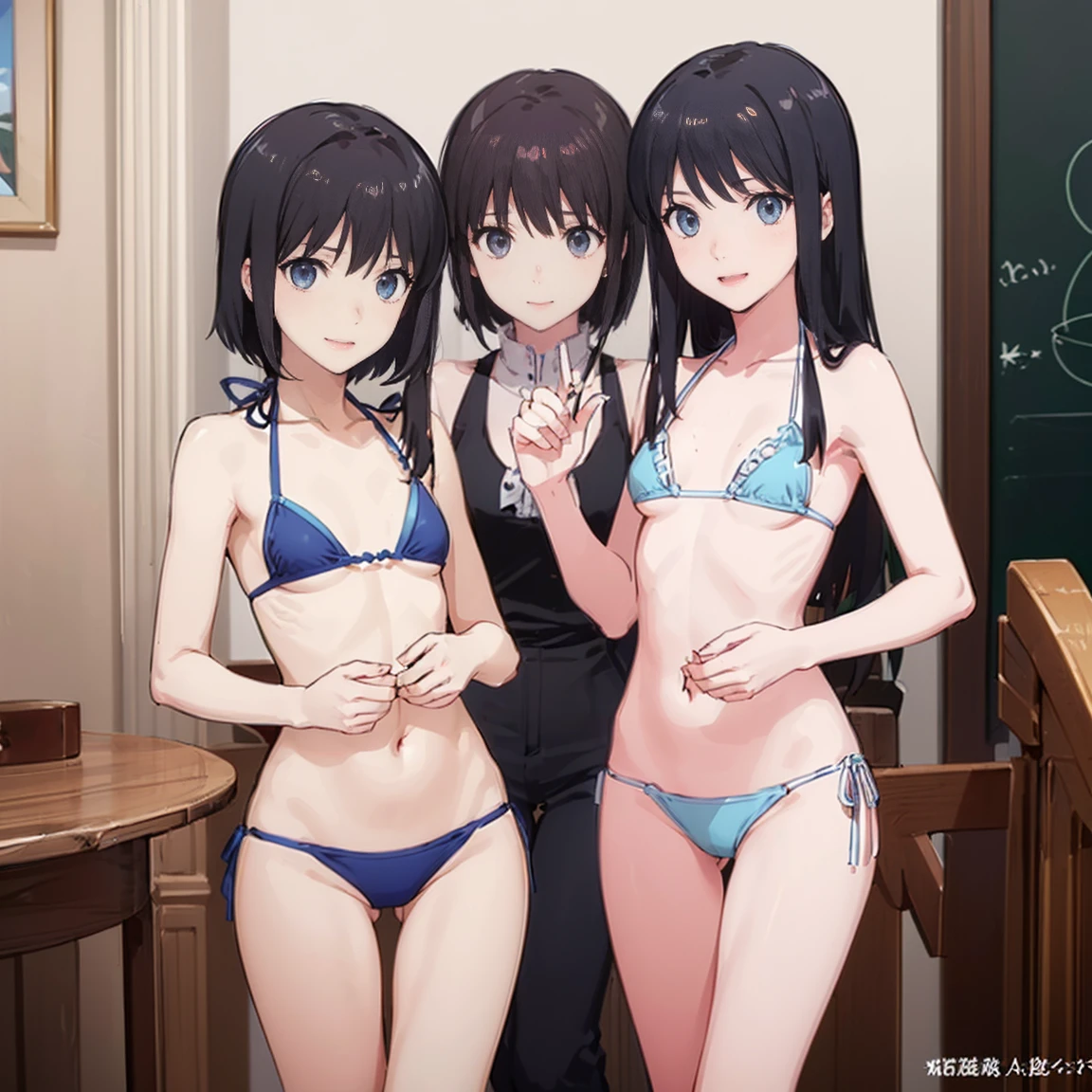 9(((High resolution))), (((Very detailedな))), (((Three Girls:1.3))),((7Head to Body:1.3))、 (((Midday Blue Background)))、(((Happy expression))), (((smile:1.5)))、(((Beautiful and detailed eyes:1.3))), (((Very detailed))), (((Details face:1.5))), break , ,sunny, ,(((Open Vest、bikini、underboob:1.3)))、(((ホルタートライアングルTバッグbikini:1.3)),((Very delicate body))、((Very flat chest))、((Small waist))、((thigh gap:1.2))、Friendly atmosphere、