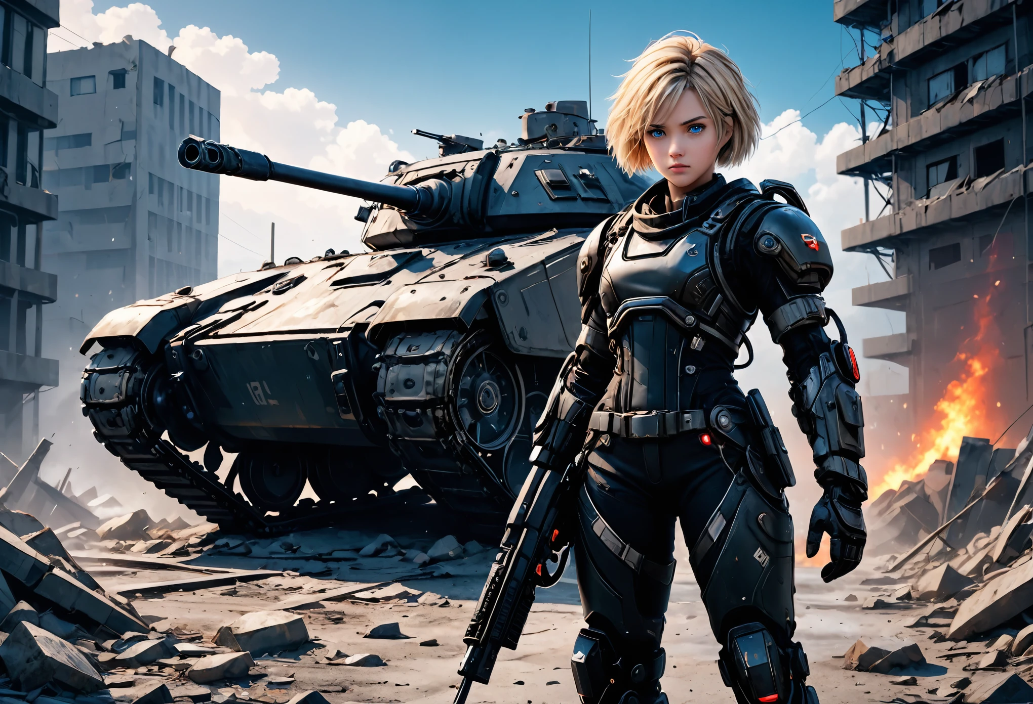 超High resolution, Attention to detail, high quality, High resolution, 最high quality, 4K, 8K,A young female warrior in a high-tech black powered exosuit with glowing red LED accents, standing on rubble in a post-apocalyptic setting, photorealistic style, short blond bob hairstyle, glowing blue eyes, holding a rifle in one hand, wearing a tattered, billowing robe that is heavily damaged and frayed, in the background a damaged and smoking military tank, confident and fierce expression,((cute girl))