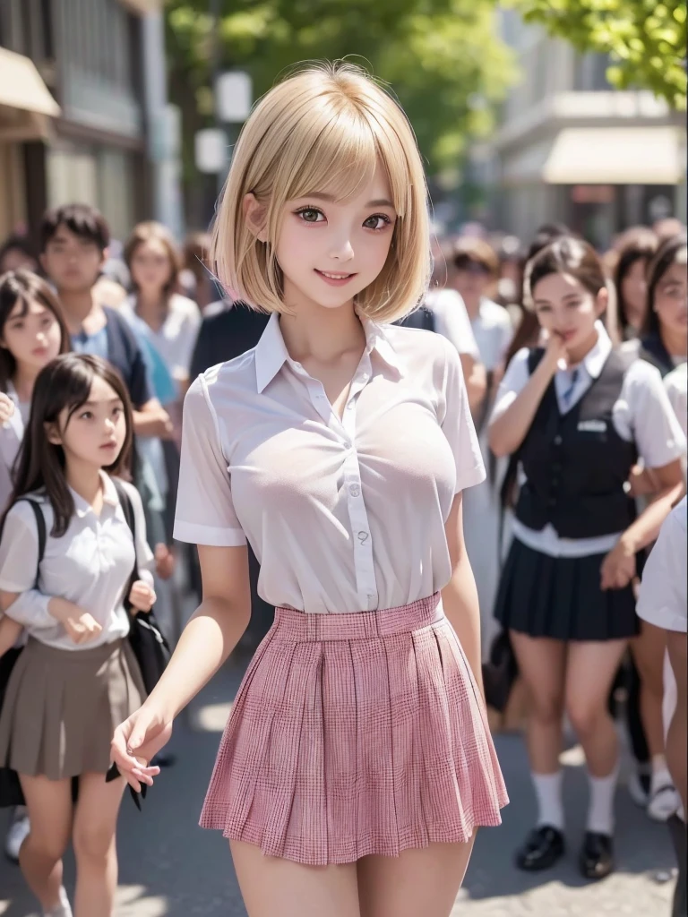 (8K, RAW Photos, Highest quality, masterpiece:1.2), (Realistic, photo-Realistic:1.4), (extremely detailed 8K wallpaper), ((Full Body Shot)), (((1 girl))), Sharp focus, Depth of written boundary, Cinematic lighting, Soft Light, (緻密な美しさのeye, eye_Chan, Very beautiful girl, innocent big eyes, Realistic, photo Realistic, Highly detailed cute girl, (Thin thighs), (Model Body Type), (Blonde), (Short Bob Hair), (Asymmetrical bangs), ((A happy smile)), Glowing Skin, Ultra-dense skin ,High resolution, High Detail, Detailed hairstyle, Detailed facial beauty, hyper Realistic, Perfect limbs, Perfect Anatomy, Perfect female body, (school uniform:1.3),(Mini Skirt Pink Checkered Micro Mini Skirt), Watching the audience, (Crowded city street:1.3)