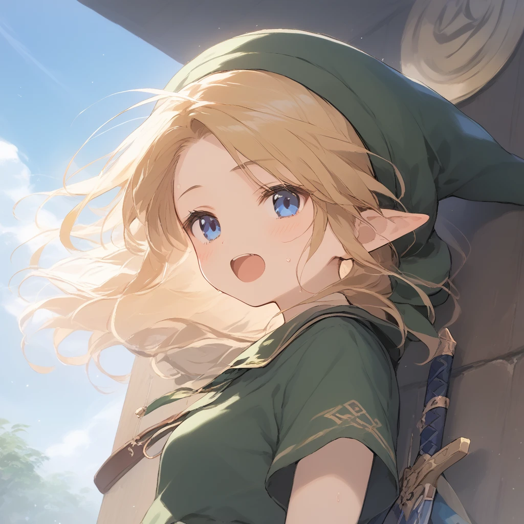 score_9, score_8_up, score_7_up, source_anime, best quality, masterpiece, official art, absurdres, highres, ultra-detailed,waifu2x,Collection: Slice of Life,break,1girl, YoungLink,13-year-old, small breasts, blonde hair, green tunic, pointy ears, hat, solo, blue eyes,green_headwear belt, sword, sweat, open mouth, (yawn:0.3), sleepily, meadow, outdoors, wind,break,(clear line illustration:1.2), super detailed skin,very high resolution, very aesthetic, Best sexual lighting powered by famous artist, 8k,cute picture,beauty illustration,photoshop_(medium),,(Detailed Lighting),best anime 8k konachan wallpaper, pixiv contest winner, 