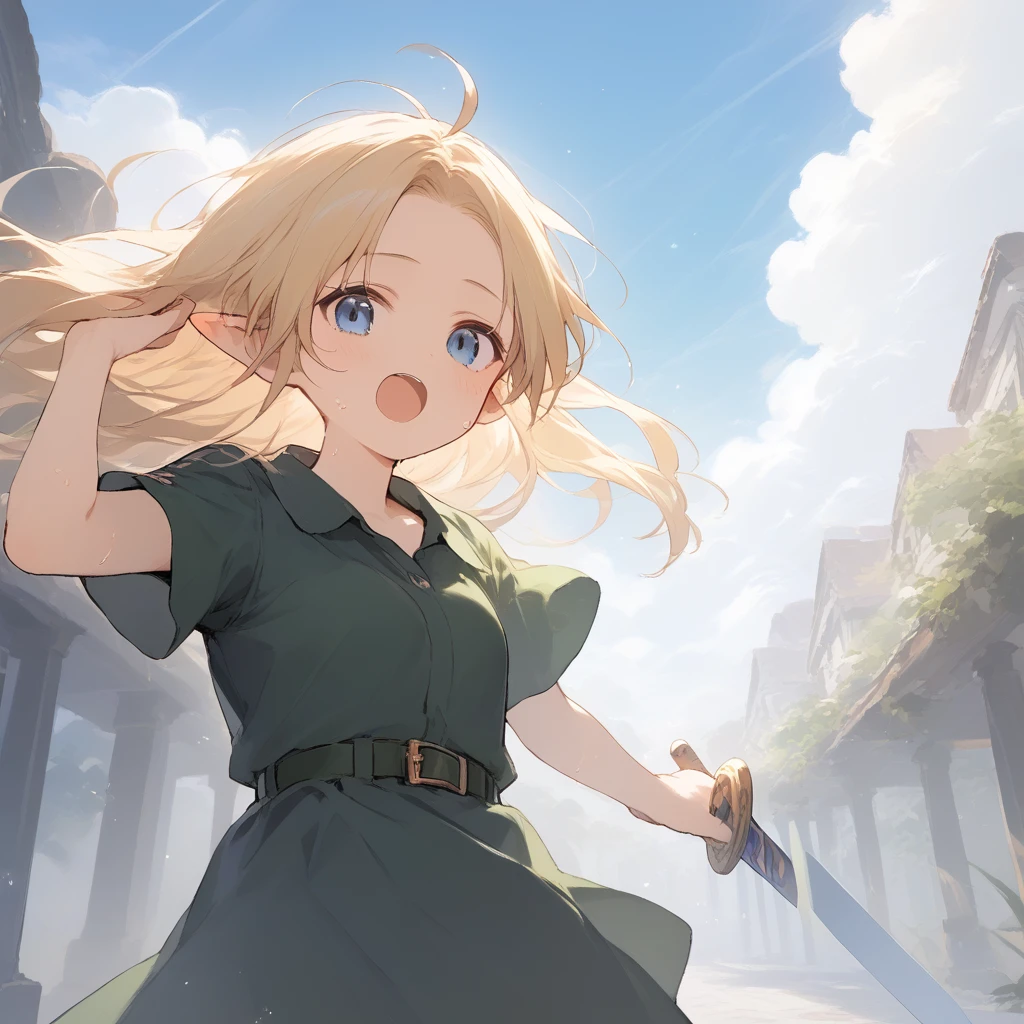 score_9, score_8_up, score_7_up, source_anime, best quality, masterpiece, official art, absurdres, highres, ultra-detailed,waifu2x,Collection: Slice of Life,break,1girl, YoungLink,13-year-old, small breasts, blonde hair, green tunic, pointy ears, hat, solo, blue eyes,green_headwear belt, sword, sweat, open mouth, (yawn:0.3), sleepily, meadow, outdoors, wind,break,(clear line illustration:1.2), super detailed skin,very high resolution, very aesthetic, Best sexual lighting powered by famous artist, 8k,cute picture,beauty illustration,photoshop_(medium),,(Detailed Lighting),best anime 8k konachan wallpaper, pixiv contest winner,