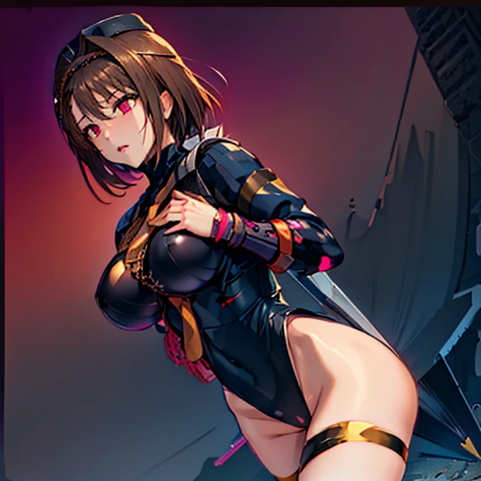 ultra-detailed, Explicit, Beautiful body, Beautiful Nose, Beautiful character design, perfect eyes, perfect face, ultra highres, 4K, beautiful legs, perfect legs, Nice hands, Perfect hand, Masterpiece, Best Quality, Highly detailed, illustration, absurdres, perfect anatomy, street fighter, doll suit, shadaloo doll, dollsuit, expressionless, blank eyes, looking at viewer, red gloves, emotionless, black latex, corruption, mind control, female combatant, full body, hypnotized, unhappy trance, full body suit, ribbed bodysuit, both arms at side, obey, perfect female body, extremely glossy latex, hypnosis, hypnoLora, empty eyes, Mind control device, poses, submissive_pose, Slave, standing straight, standing, standing at attention, hat, necktie, belt, latex, ribbed bodysuit, thigh Highs, garter belt, Fighting Stance, extending the right arm from the shoulder into the air with a straightened hand, military, thigh boots, black pantyhose, collar, (((pixel-perfect, detail-perfect))), solo, 1girl, hair ornaments, RIPPERNORMAL, PURPLE HAIR,SHORT HAIR,MULTICOLORED HAIR, ,RED EYES,HEAD-MOUNTED DISPLAY, (TINTED EYEWEAR:1.2), apocalyptic background, multiple girls, battle, crowd, blood splatter, fleeing, grabbing, (((running, foreshortening, attack, fighting, holding weapon)))