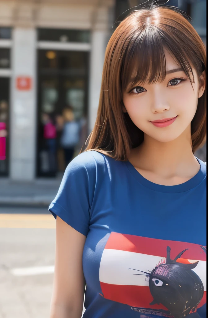 (masterpiece:1.2,Highest quality),Blur the background,One high school girl,((Ｔshirt)),(Big Breasts),((Sculpture Pose)),((Beautiful and beautiful eyes)),Blushed,Healthy Skin,Observe the audience,(smile),(Date in the downtown area),8K resolution