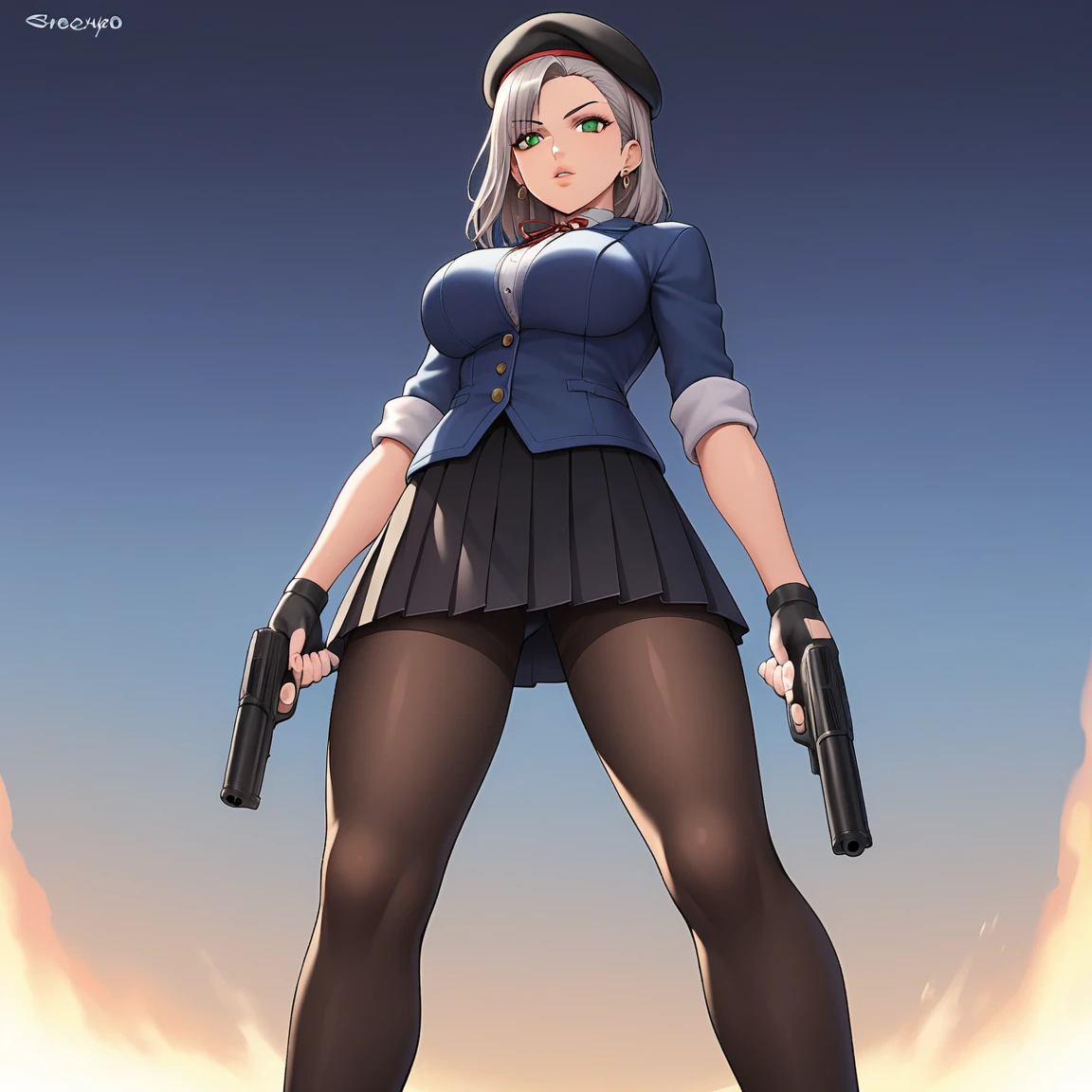 1girl, gatling_gun, solo, weapon, breasts, pantyhose, hat, green_eyes, high_heels, holding_weapon, holding, gun, skirt, standing, earrings, jewelry, beret, large_breasts, from_below, full_body, black_skirt, black_footwear, black_headwear, black_pantyhose, parted_lips, looking_at_viewer, holding_gun, pleated_skirt, grey_hair, fingerless_gloves, gloves