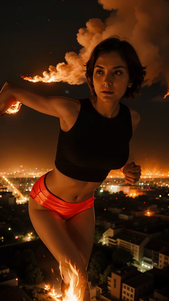 Women,lina, short hair, FLYING OVER THE CITY, fire, red glow