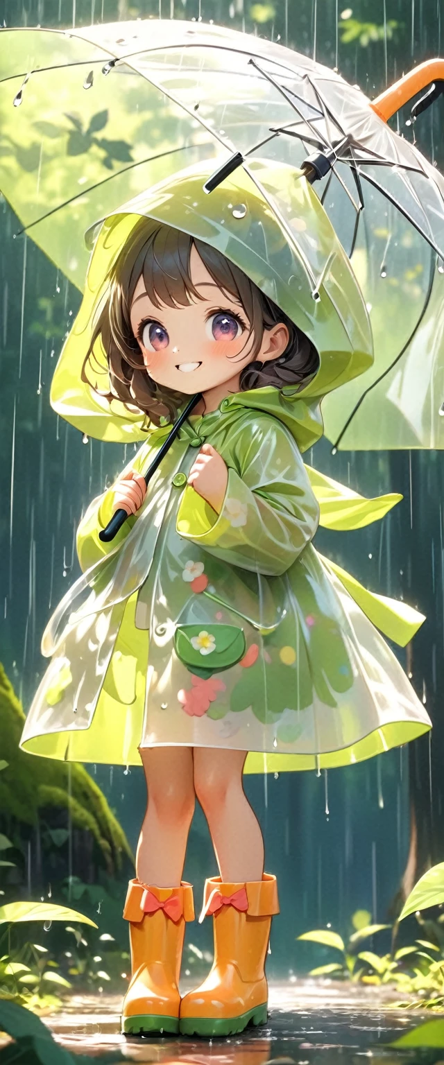 A cute little girl, Wearing a cute raincoat and rain boots, holding a cute umbrella,Playing and dancing in the rainy summer forest.Tilt your head and look at people with a smile.Close-up of character( Perfect anatomical structure )The whole body is perfectly presented and beautiful and the texture is extremely delicate,detailed, bright, Animation style high definition and high quality presentation