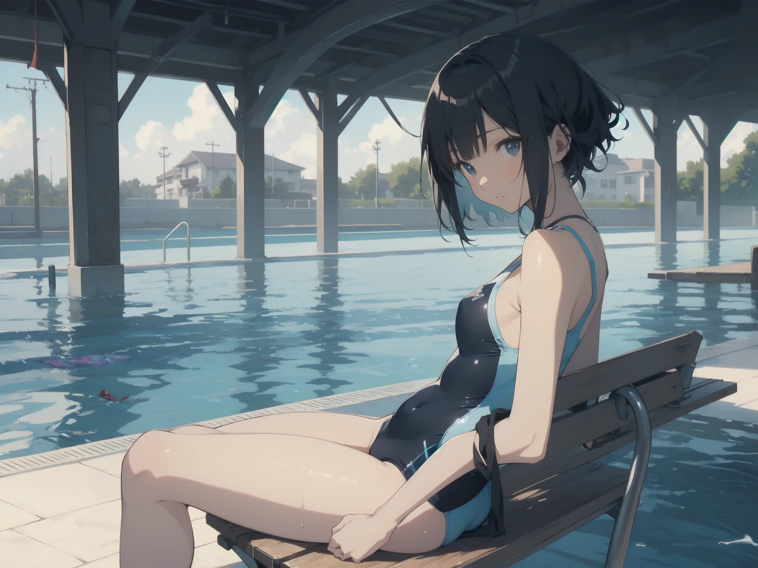 ultra-Top-quality by art God, ultra-detailed, high resolution, shinkai makoto style, anime moe artstyle, best anime 8k konachan wallpaper, pixiv contest winner, perfect anatomy, break,(Please draw a picture of a girl in a swimsuit sitting on a bench by the poolside alone.),break, a hyperrealistic school girl, parted lips, (Solo,ta, kid, 13-year-old:1.3),Full limbs, complete fingers, androgynous charm, very short hair, wet hair, small breasts,slender body, Small butt, groin, Small black eyes,hanme,beautiful detailed eyes, well-proportioned iris and pupils, sleepily, highres detailed hair, swimsuit, wet swimsuit, bare shoulders, thighs, in the school pool. break,dewy skin, perspiration on the skin,skin texture, fine lines, pores, natural imperfections,light reflections, glossy skin, shiny skin,break,super detailed skin, shiny skin, Best lighting powered by famous artist, 8k, illustration,UHD, textured skin,break,((artist:toosaka_asagi )), artist:clamp ,artist:carnelian ,artist:kantoku ,