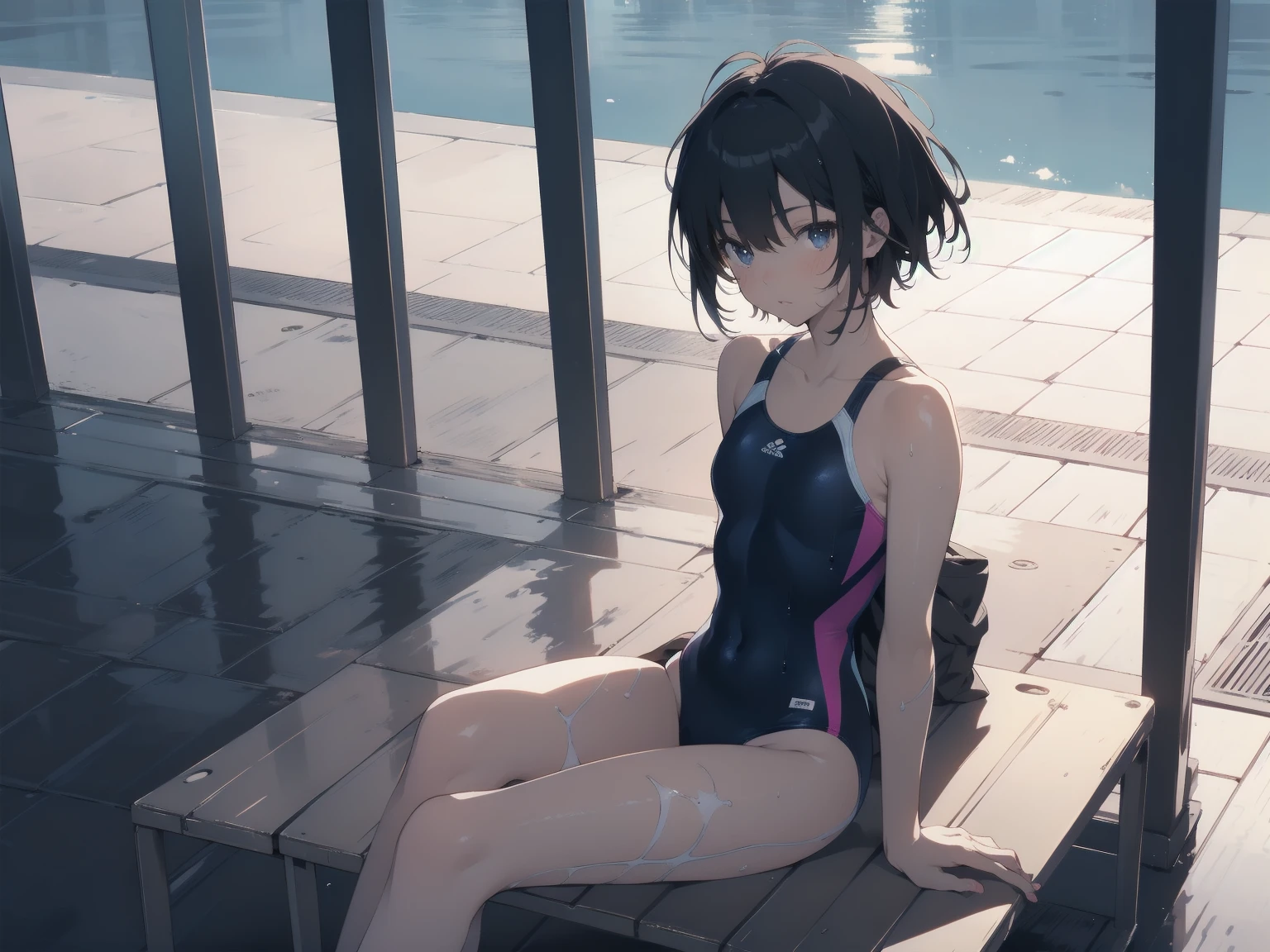 ultra-Top-quality by art God, ultra-detailed, high resolution, shinkai makoto style, anime moe artstyle, best anime 8k konachan wallpaper, pixiv contest winner, perfect ???????, break,(Please draw a picture of a girl in a swimsuit sitting on a bench by the poolside alone.),break, a hyperrealistic school girl, parted lips, (Solo,lolita, ???, 13-year-old:1.3),Full limbs, complete fingers, androgynous charm, very short hair, wet hair, small breasts,slender body, Small butt, groin, Small black eyes,hanme,beautiful detailed eyes, well-proportioned iris and pupils, sleepily, highres detailed hair, swimsuit, wet swimsuit, bare shoulders, thighs,  in the school pool. break,dewy skin, perspiration on the skin,skin texture, fine lines, pores, natural imperfections,light reflections, glossy skin, shiny skin,break,super detailed skin, shiny skin, Best lighting powered by famous artist, 8k, illustration,UHD, textured skin,break,((artist:toosaka_asagi )), artist:clamp ,artist:carnelian ,artist:kantoku ,