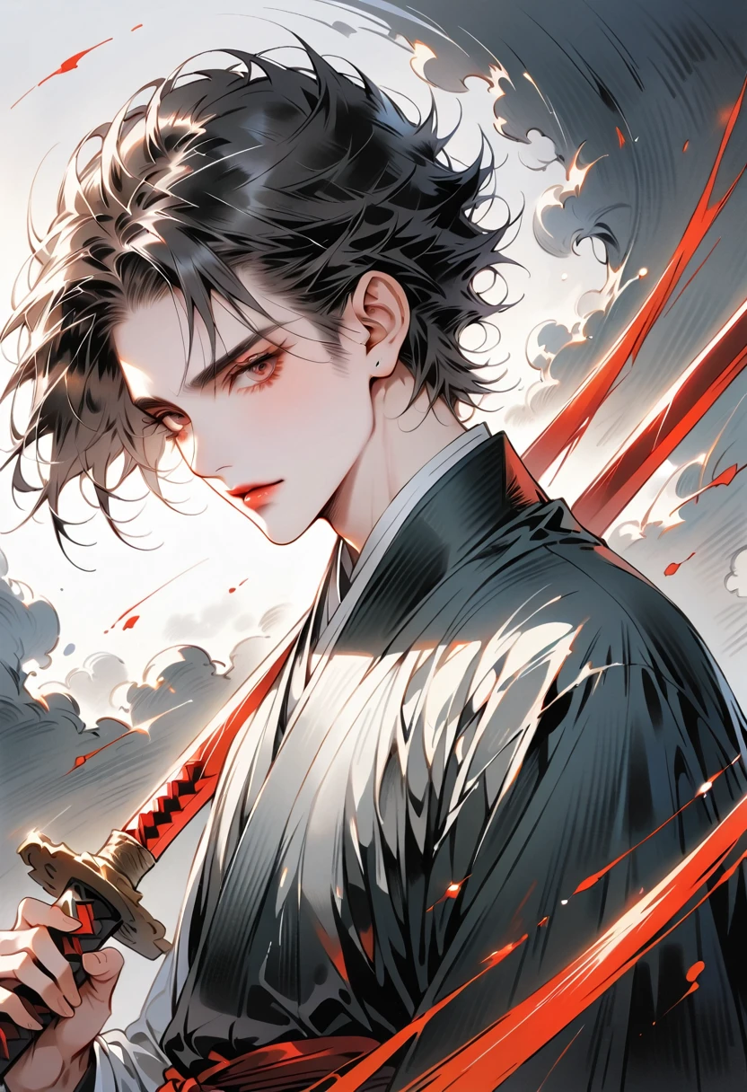 Chinese swordsman,Male swordsman,short hair,Handsome,Simple lines,Abstract Art,Holding a red long sword,