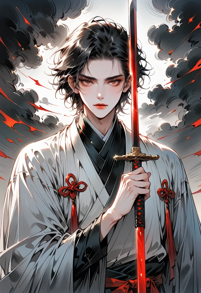 Chinese swordsman，Male swordsman，short hair，Handsome，Simple lines，Abstract Art，Holding a red long sword，