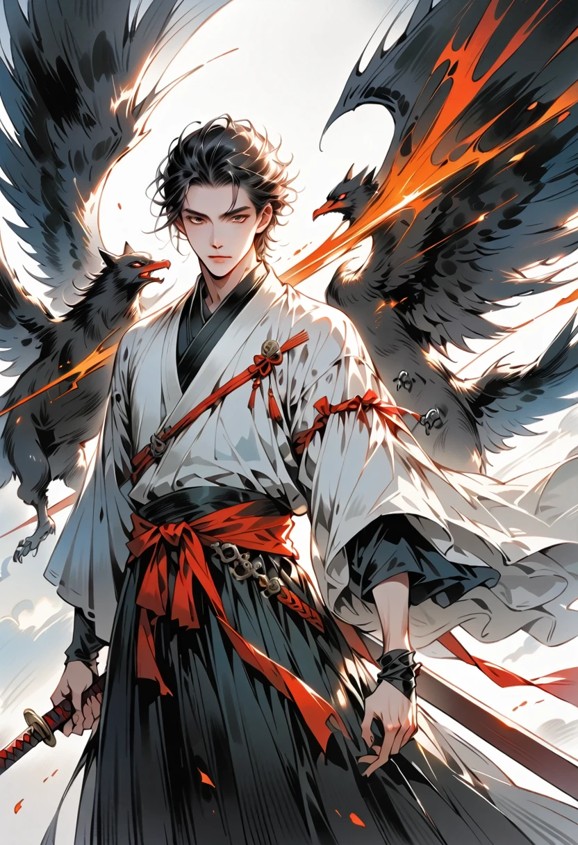 Chinese swordsman,Male swordsman,short hair,Handsome,Simple lines,Abstract Art,Holding a red long sword,