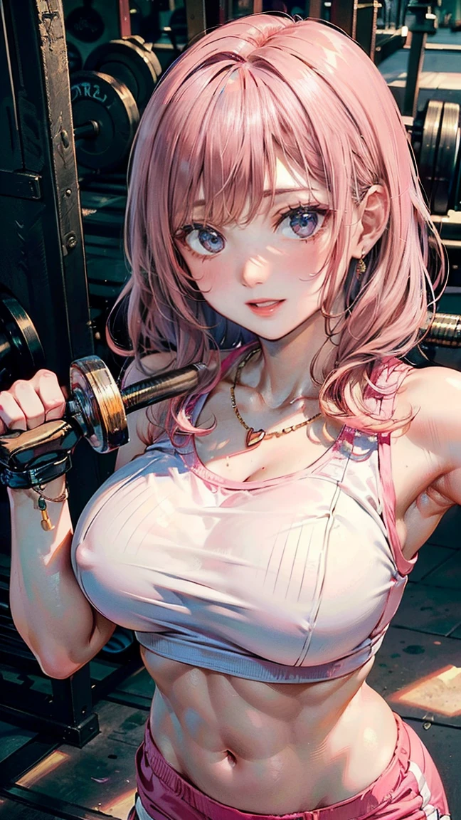 (Masterpiece, BestQuality:1.3), (ultra detailed:1.2), (hyperrealistic:1.3), (RAW photo:1.2), High detail RAW color photo, professional photograph, (Photorealistic:1.4), (realistic:1.4), professional lighting, perfect anatomy, (Big Breasts:1.2), (blush, detailed face), (cheerful Smile:1.5), (Pink Hair:1.5), Trending Hair&Trending Hairカラーをランダムに, earrings, necklace, bracelet, sexly, erotic sexly, Random sexy gravure poses, (A fitness model wearing a sports bra and shorts、Smiling provocatively while lifting dumbbells at the gym。A tight body line is attractive。: 1.3)