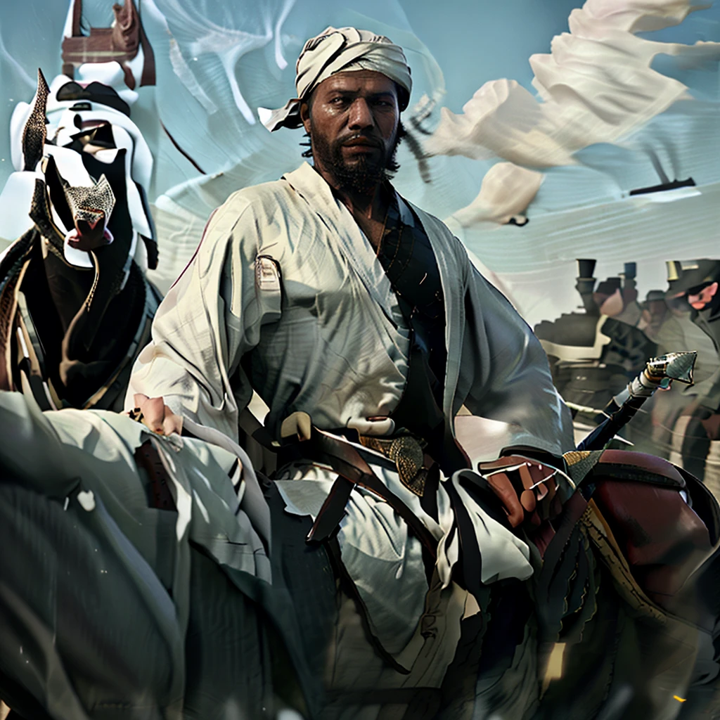 3D. Handsome strong sultan. White turban. Wearing a long black robe. Hold the sword by riding a black horse. Full body. Wide view. Background of thousands of soldiers. Blue sky. HD