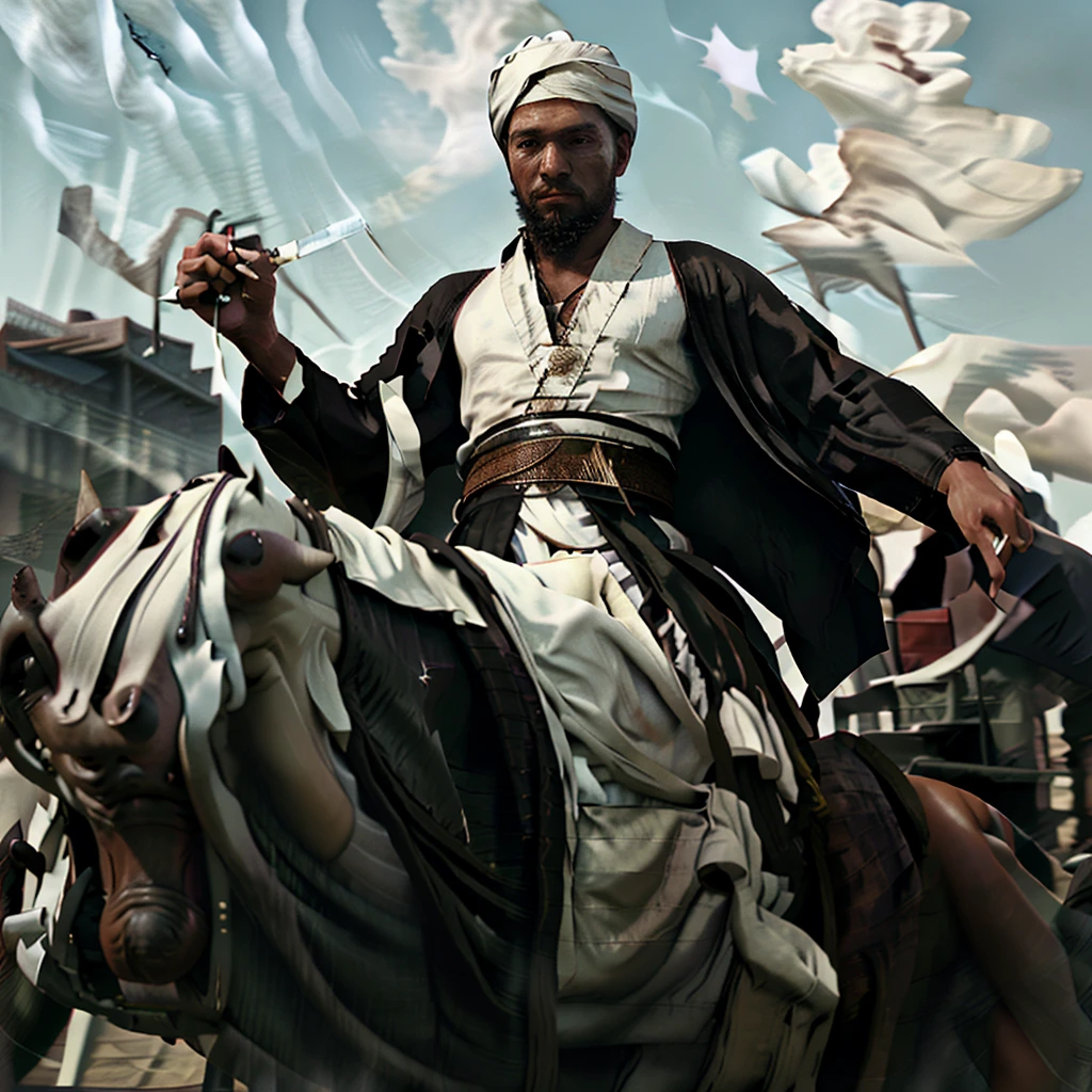 3D. Handsome strong sultan. White turban. Wearing a long black robe. Hold the sword by riding a black horse. Full body. Wide view. Background of thousands of soldiers. Blue sky. HD