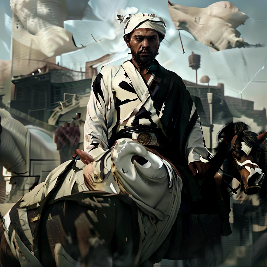 3D. Handsome strong sultan. White turban. Wearing a long black robe. Hold the sword by riding a black horse. Full body. Wide view. Background of thousands of soldiers. Blue sky. HD