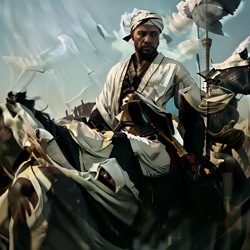 3D. Handsome strong sultan. White turban. Wearing a long black robe. Hold the sword by riding a black horse. Full body. Wide view. Background of thousands of soldiers. Blue sky. HD