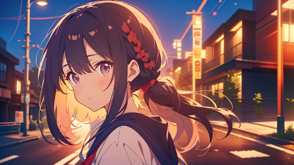 bangs, Long Hair, Hair above the eyes, Lost in Thought, Side Ponytail, Anime Style, 超High resolution, masterpiece, Textured skin, High resolution, Highest quality, High school girl standing on a street corner, in the evening,