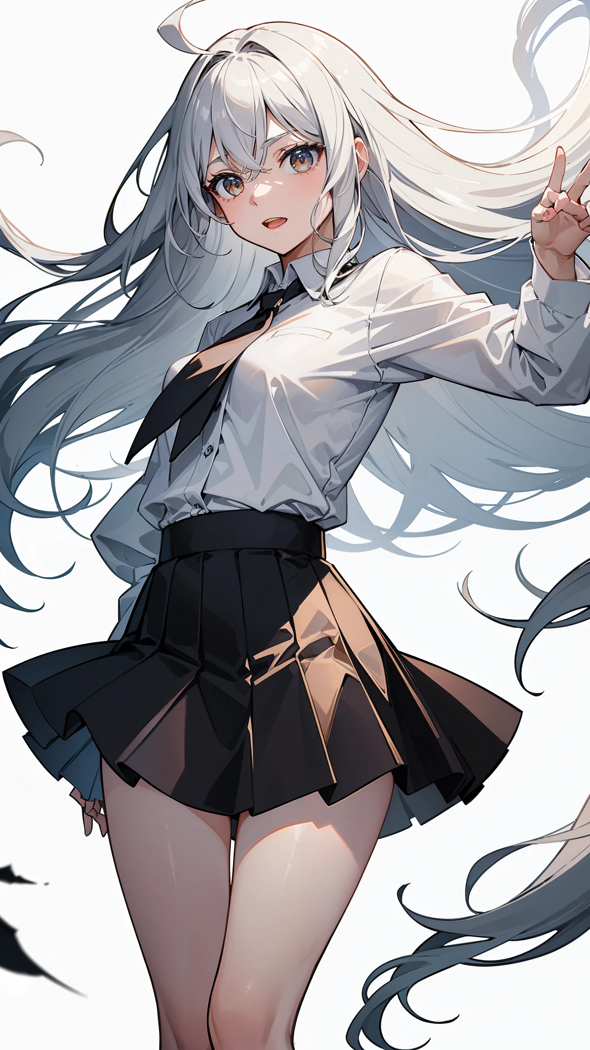 Beautiful woman,
((Masterpiece, Highest quality)),
(One girl),
Alone,
Focus on women,
Ahoge, Gray Hair, Very long hair, flowing in the wind,
Golden Eyes, gleaming,
Clear smile, teeth slightly visible, opening her mouth,
((White shirt), Buttoned shirt, with a gap at the top button),
((Black Skirt), Short skirt, slightly lifted, revealing a hint of thigh,
She is standing,
White Background, creating a stark contrast,
Putting her arms behind her back,
Dynamic Angle, capturing the grace and elegance of her posture.