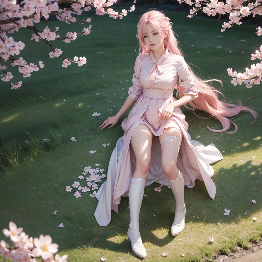 (((UHD))), (((masterpiece))), (((8k))), (((highres))), (((Surrealism))), (((cinematic lighting))), god rays, zoom layer, (((fullbody shot))), f/4.0, Canon, shiny skin,detailed skin,detailed face, detailed eyes, Cherry blossom spirit in female form, light pink hair, hair interwoven with white petals, hair flowing gently like cherry blossom petals in the wind, eyes gleaming like spring sunlight, outfit with cherry blossom petal design, silk attire, pale pink short boots, Dew-kissed meadow, gracefully spreading cherry blossom trees, petals fluttering with each breeze, creating a fleeting floral snowstorm in the air