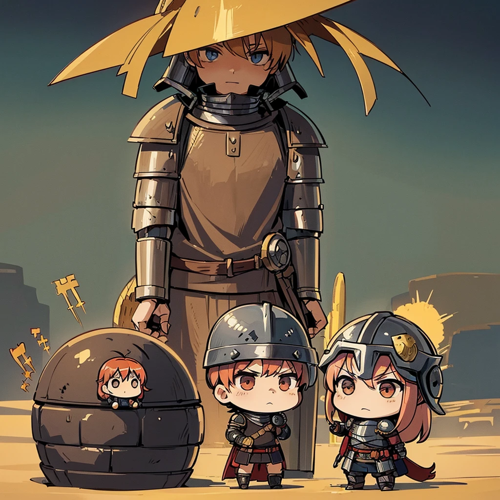 ((((Chibi Character))))、Highest quality, Best Quality,Best illustrations、(((Iron Helmet))),Medieval Armor、Medieval Knight、(((20-year-old male)))、battlefield、Grab the sword、wasteland、(Fighting stance)、(((Living in the desert)))、(Simple Background)、10 people