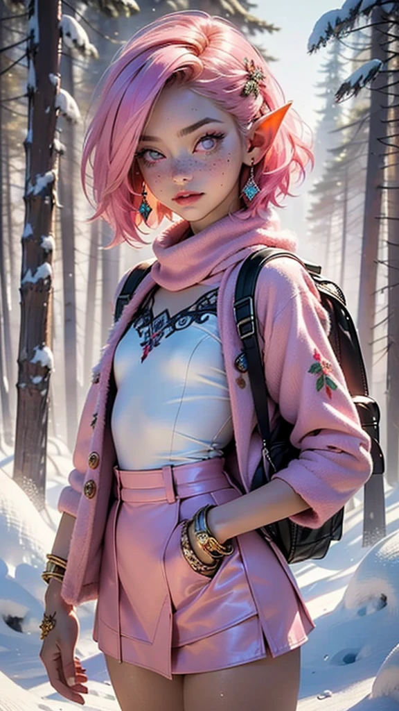 cute elf,(((little ,tiny little body,little))),(((6 years old))),((anime elf with extremely cute and beautiful fuchsia hair)), (((elf))), (((elf ears))),
(((flat chest))),((((fuchsia hair:1.35,short fuchsia hair,colored inner hair,ear breathing)))),(((pink_eyes:1.3))),intricate eyes,beautiful detailed eyes,symmetrical eyes,big eyes:1.5,(((freckles on the face,freckles,freckled girl))),(((lustrous skin:1.5,bright skin: 1.5,skin tanned,shiny skin,very shiny skin,shiny body,plastic glitter skin,exaggerated shiny skin,illuminated skin))),(delicate detailed fingers,detailed body,(detailed face)),
cute,slutty,erotic,daring,
zettai ryouiki,(((pink fur coat, pink fur coat outfit, wearing a pink fur coat:1.3,pink winter coat,((coat buttoned up to the neck)),(scarf),traveler backpack))),((pink mini-skirt,pink mini skirt with furry edge)),(white gloves,pink clothes,(((furry edge clothing)))),(((intricate outfit,intricate clothes,embroidered outfit,ornate outfit,embroidered clothes,ornate clothes))),
(dynamic pose:1.0),embarrassed,(centered,scale to fit dimensions,Rule of thirds),
((snowy pine forest)),winter,scenery:1.25,((intricate scenery)),((snow forest background)),
(Glossy winter ornaments),highres,sharp focus,(ultra detailed,extremely detailed),(photorealistic artwork:1.37),(extremely detailed CG unity 8k wallpaper),(((vibrant colors,vibrant theme))),(intricate),(masterpiece),(best quality),artistic photography,(photography taken by sldr),(intricate background),perfect rendered face,perfect face details,realistic face,photo realistic,analog style,((intricate detail)),(((realism))),
