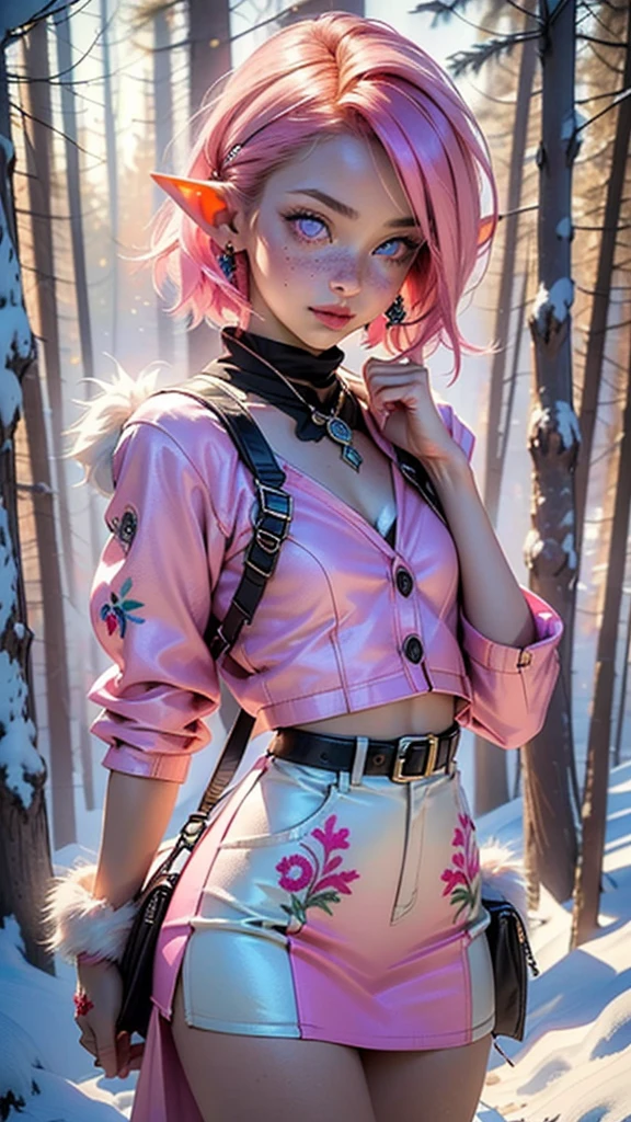 cute elf,(((little ,tiny little body,little))),(((6 years old))),((anime elf with extremely cute and beautiful fuchsia hair)), (((elf))), (((elf ears))),
(((flat chest))),((((fuchsia hair:1.35,short fuchsia hair,colored inner hair,ear breathing)))),(((pink_eyes:1.3))),intricate eyes,beautiful detailed eyes,symmetrical eyes,big eyes:1.5,(((freckles on the face,freckles,freckled girl))),(((lustrous skin:1.5,bright skin: 1.5,skin tanned,shiny skin,very shiny skin,shiny body,plastic glitter skin,exaggerated shiny skin,illuminated skin))),(delicate detailed fingers,detailed body,(detailed face)),
cute,slutty,erotic,daring,
zettai ryouiki,(((pink fur coat, pink fur coat outfit, wearing a pink fur coat:1.3,pink winter coat,((coat buttoned up to the neck)),(scarf),traveler backpack))),((pink mini-skirt,pink mini skirt with furry edge)),(white gloves,pink clothes,(((furry edge clothing)))),(((intricate outfit,intricate clothes,embroidered outfit,ornate outfit,embroidered clothes,ornate clothes))),
(dynamic pose:1.0),embarrassed,(centered,scale to fit dimensions,Rule of thirds),
((snowy pine forest)),winter,scenery:1.25,((intricate scenery)),((snow forest background)),
(Glossy winter ornaments),highres,sharp focus,(ultra detailed,extremely detailed),(photorealistic artwork:1.37),(extremely detailed CG unity 8k wallpaper),(((vibrant colors,vibrant theme))),(intricate),(masterpiece),(best quality),artistic photography,(photography taken by sldr),(intricate background),perfect rendered face,perfect face details,realistic face,photo realistic,analog style,((intricate detail)),(((realism))),