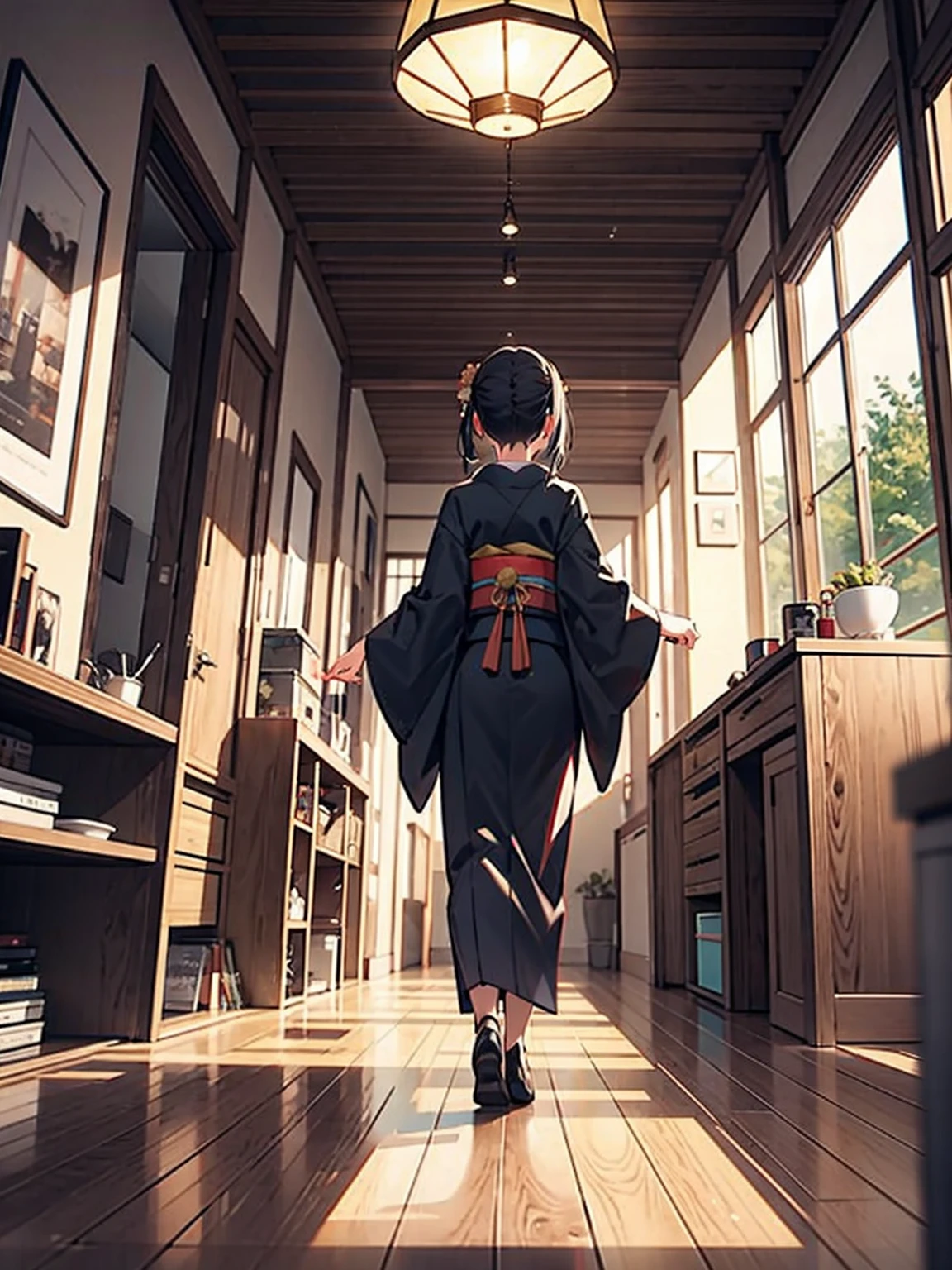 Wooden labyrinth, nape, Woman in kimono, Scenery of Kyoto townhouses, indoor, Hierarchy