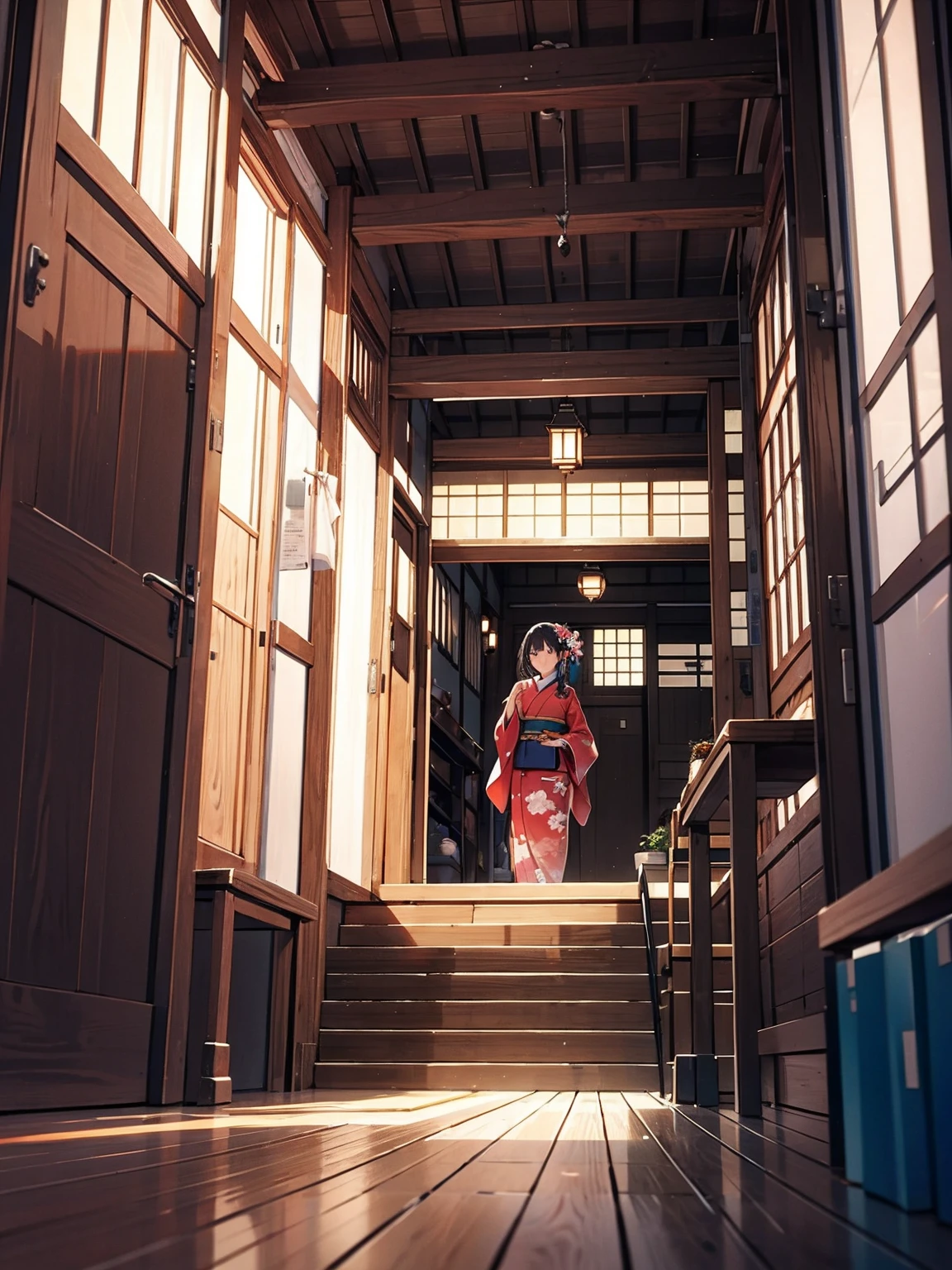 Wooden labyrinth, nape, Woman in kimono, Scenery of Kyoto townhouses, indoor, Hierarchy