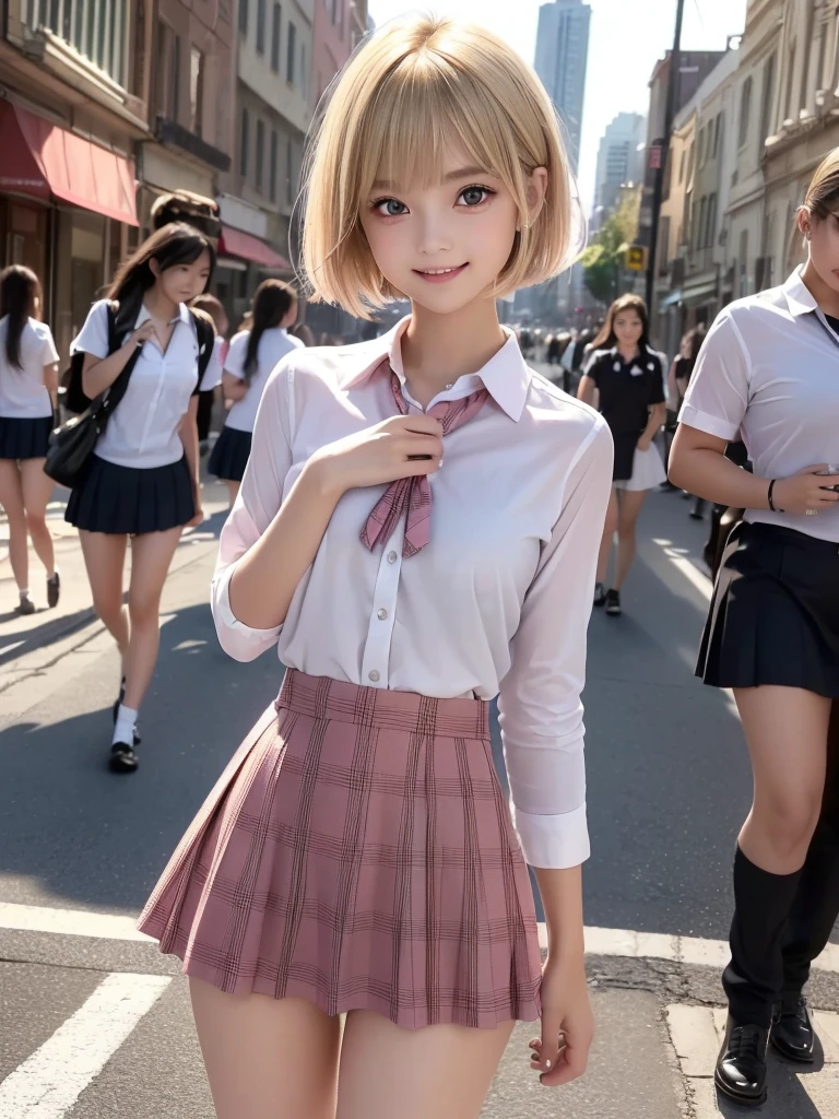 (8K, RAW Photos, Highest quality, masterpiece:1.2), (Realistic, photo-Realistic:1.4), (extremely detailed 8K wallpaper), ((Full Body Shot)), (((1 girl))), Sharp focus, Depth of written boundary, Cinematic lighting, Soft Light, (緻密な美しさのeye, eye_Chan, Very beautiful 17 year old girl, innocent big eyes, Realistic, photo Realistic, Highly detailed cute girl, (Thin thighs), (Model Body Type), (Blonde), (Short Bob Hair), (Asymmetrical bangs), ((A happy smile)), Glowing Skin, Ultra-dense skin ,High resolution, High Detail, Detailed hairstyle, Detailed facial beauty, hyper Realistic, Perfect limbs, Perfect Anatomy, Perfect female body, (school uniform:1.3),(Mini Skirt Pink Checkered Micro Mini Skirt), Watching the audience, (Crowded city street:1.3)