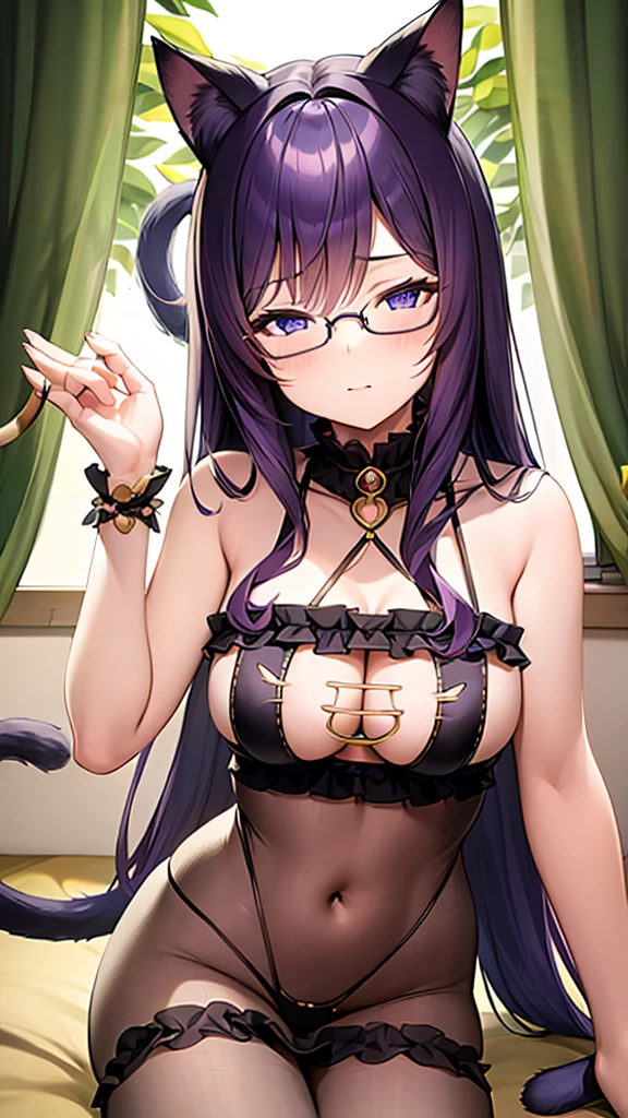 (Masterpiece), (best quality), Cat girl, 20 years old, long hair, dark purple hair, chest, blue eyes, cat ears and cat tail, wears round glasses.