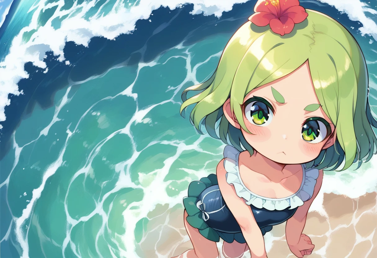 score_9, ,score_7_up, score_6_up, 1girl, source_cartoon, source_anime,breathtalking Scenery,watercolor,smooth soft skin, natural skin,mjm
BREAK 
(loli:1.4),(little female child:1.4), small breast,cute face, (loli toddler:1.1), 6 yo,kawaii, (highlight on eyes), (jiggly:0.8), shiny skin,beautiful eyes, detailed eyes, puffy eyes,
BREAK 
(medium green hair:1.3),(green maro eyebrows:1.6),pouty and slightly grumpy,(pout:1.2), ::(, (jitome),(frown:0.6),white streaked hair, green eyes, 
BREAK 
darkgreen Skirt-style one-piece swimsuit,frills,flower print darkgreen swimsuit,ruffles,excessive detailed collarbone,exposed collarbone, dynamicangle,partially submerged,swimming
BREAK
dynamicpose,sea,wave,island,tropical,dynamicangle,breathtalking background, outdoors,pastelcolor,from above,