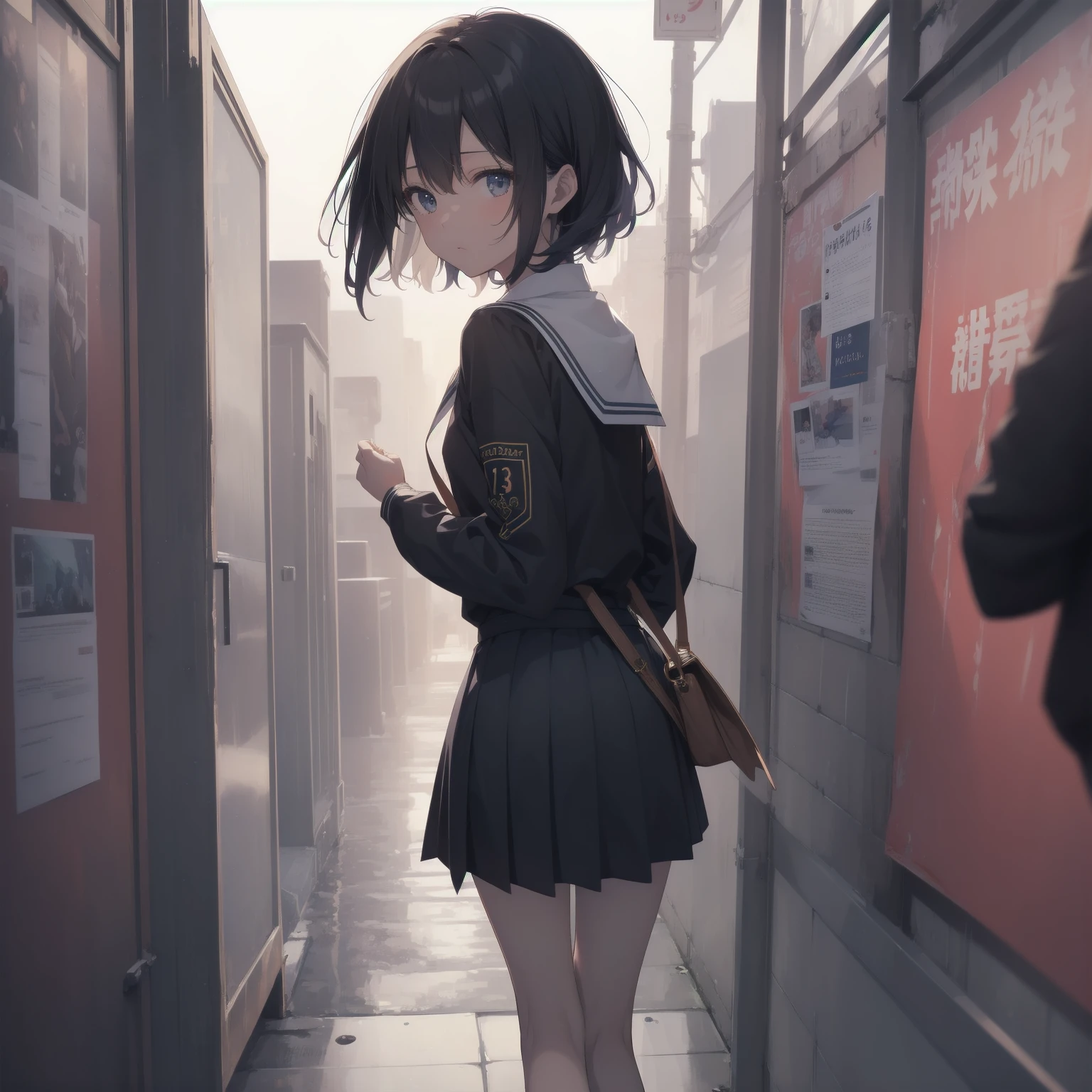 ultra-absurdres-Top quality by artist God, ultra-detailed, high resolution, anime moe artstyle, best anime 8k konachan wallpaper, pixiv contest winner, pool:2810, perfect anatomy,break, 1girl, (Please draw a girl walking sleepily to school alone. )break,(Solo,little female, 13-year-old:1.3),Full limbs, complete fingers,a junior high school student, (very short hair), short cut, flat chest, , small butt, small black eyes, beautiful detailed eyes, well-proportioned iris and pupils, expressive eyes, highres detailed hair, soft expression, salor school_uniform, sailor collar, serahuku, bow, pleated skirt,(Detailed Lighting), (Detailed background), in the School commute route. break,super detailed skin, Best cinematic lighting powered by famous artist, 8k,beauty illustration,photoshop_(medium),very aesthetic,break,((artist:yuuji_(and) )), artist:clamp ,artist:carnelian ,artist:kantoku ,