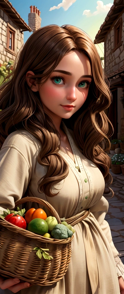 good quality:1.2), (Ultradetailed:1.2), (ultradetailed face:1.2), (ultradetailed body:1.2) In the picturesque village, Elara, a human woman with long, wavy brown hair and green eyes, helps her neighbor carry a basket of vegetables, her simple, earth-toned clothing reflecting her humble lifestyle."