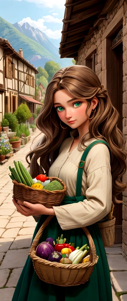 good quality:1.2), (Ultradetailed:1.2), (ultradetailed face:1.2), (ultradetailed body:1.2) In the picturesque village, Elara, a human woman with long, wavy brown hair and green eyes, helps her neighbor carry a basket of vegetables, her simple, earth-toned clothing reflecting her humble lifestyle."