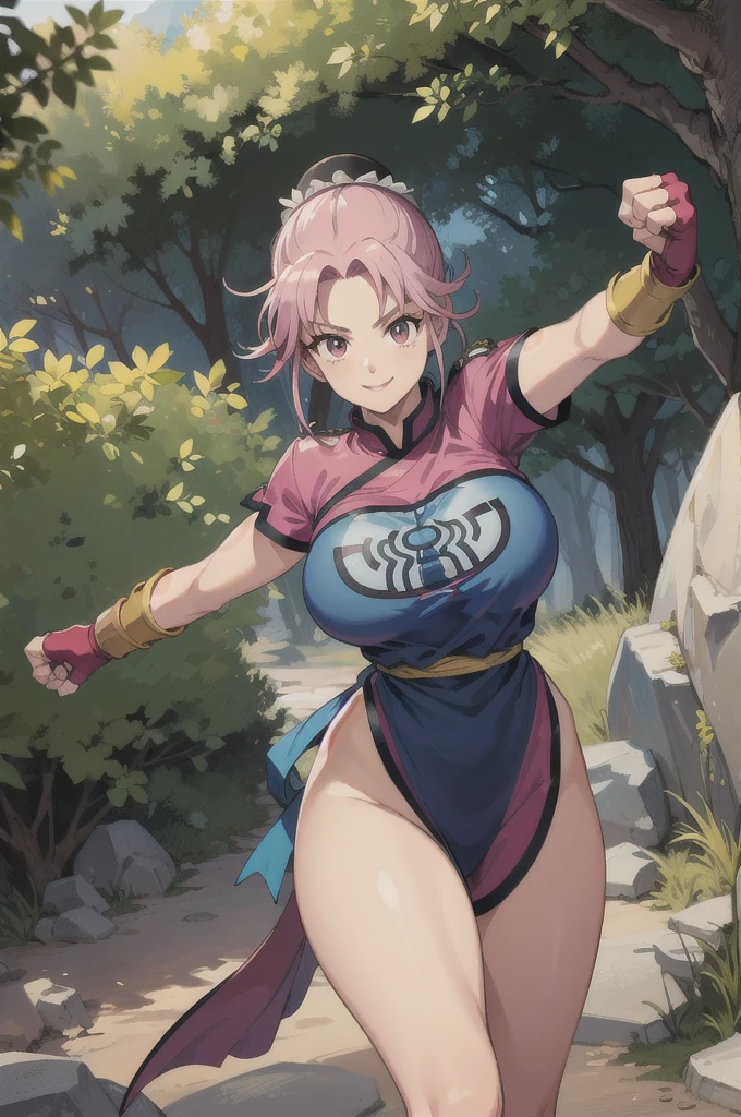 maam,big breasts,beautifuleyes,narrow waist,realistic,solo,outdoor,forest, martialMaam,pink hair,hair bun,long hair,china dress,short sleeves,sash,fingerless gloves,beautiful legs, smile, clenched fists, action pose,:1.1), lady, dragon quest