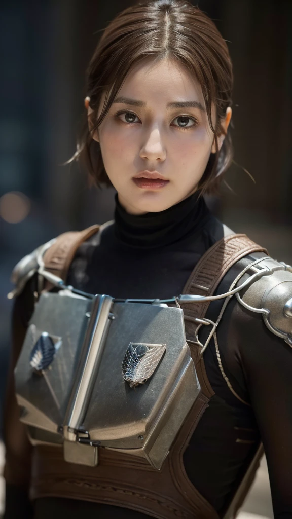 Women from Edwardian age,make hair brown, eyes color Havel Skin pale 
, Survey Corps bodysuit ,1926 years,dark night,liberio background attack on titan, tits big normal,Titan female shifter mark long 