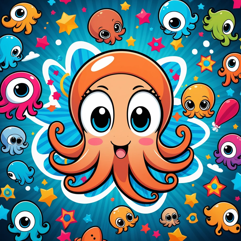Create a 4K wallpaper with a cartoon squid depicting a happy expression, surrounded by relevant elements and set against a suitable background.