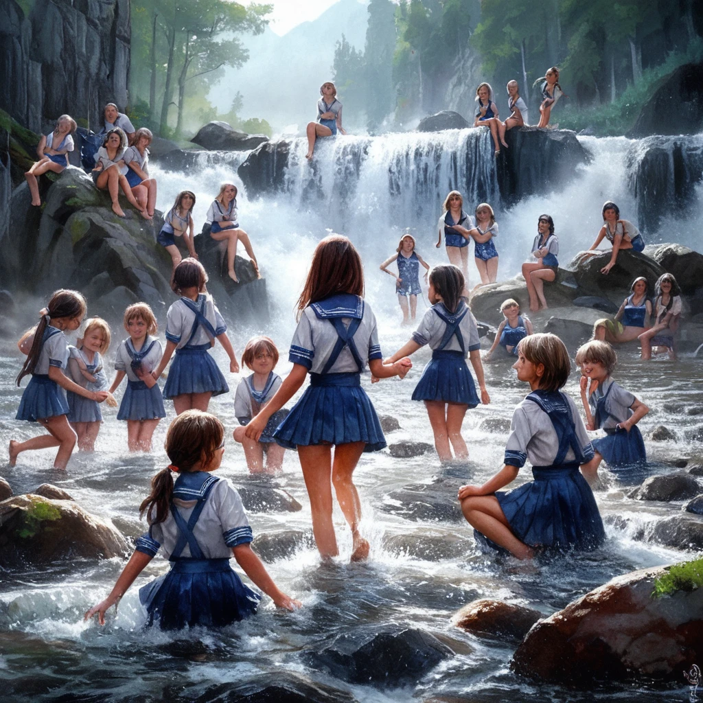 Realistic watercolor painting world。15 Russian schoolgirls wear school swimsuits at a mountain waterfall、Playing in the water so much that you can see all of your legs。Let it be a sublime painting that exudes a sense of happiness.。