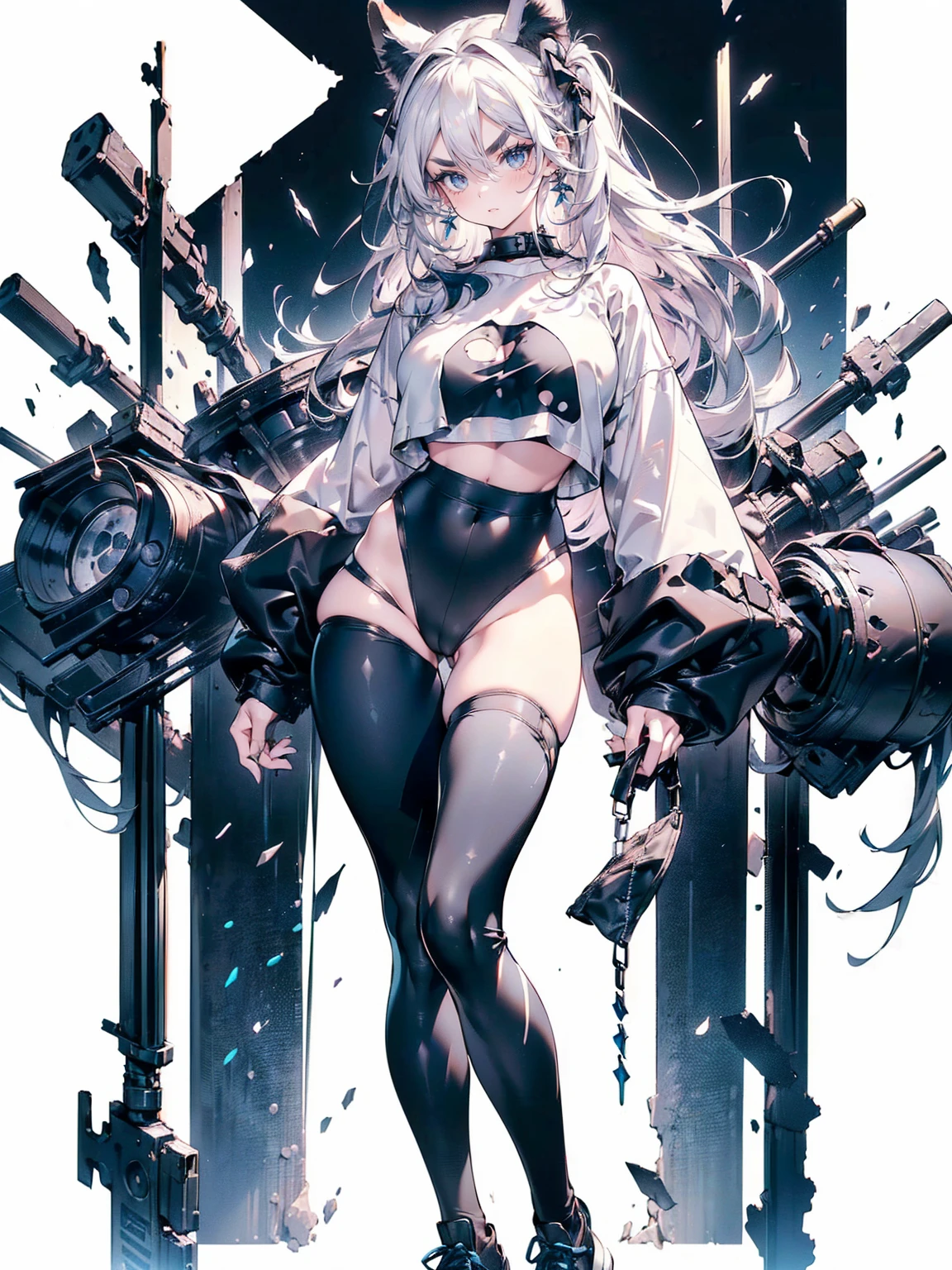 (White Hair Girl), (Thick, dark blue eyebrows:1.4), (Dark blue eyebrows:1.7), (Thick eyebrows:1.3), (Huge black fluffy animal ears:1.1), (Black animal ears:1.1), BREAK, (((Mesh Stitching Crop T-Shirt, Cutout Long Sleeve Top))),BREAK, (Big Breasts:1.2, Thick legs, Adult female body, Sturdy body:1.2), ((full body:1.7, Contrapposto:1.5)), (sharp eyes, Ultra-high definition CG, Precisely designed costumes, 4K, 8K, Ultra-high definition CG, Precisely designed costumes, Clear lines, Expressive and Captivating Eyes, Fine Details and Realistic Textures, cinematic lighting), ((white background)), BREAK, (Wearing black leggings with holes), Skinny sleeves, (Torn and holey leggings:1.2)(Black leggings:1.4), (過剰なRuggedThick soleブーツを履いています:1.2), (Thick sole:1.5), (Big shoes:1.3), ((Lightsabers:1.3, embarrassed))