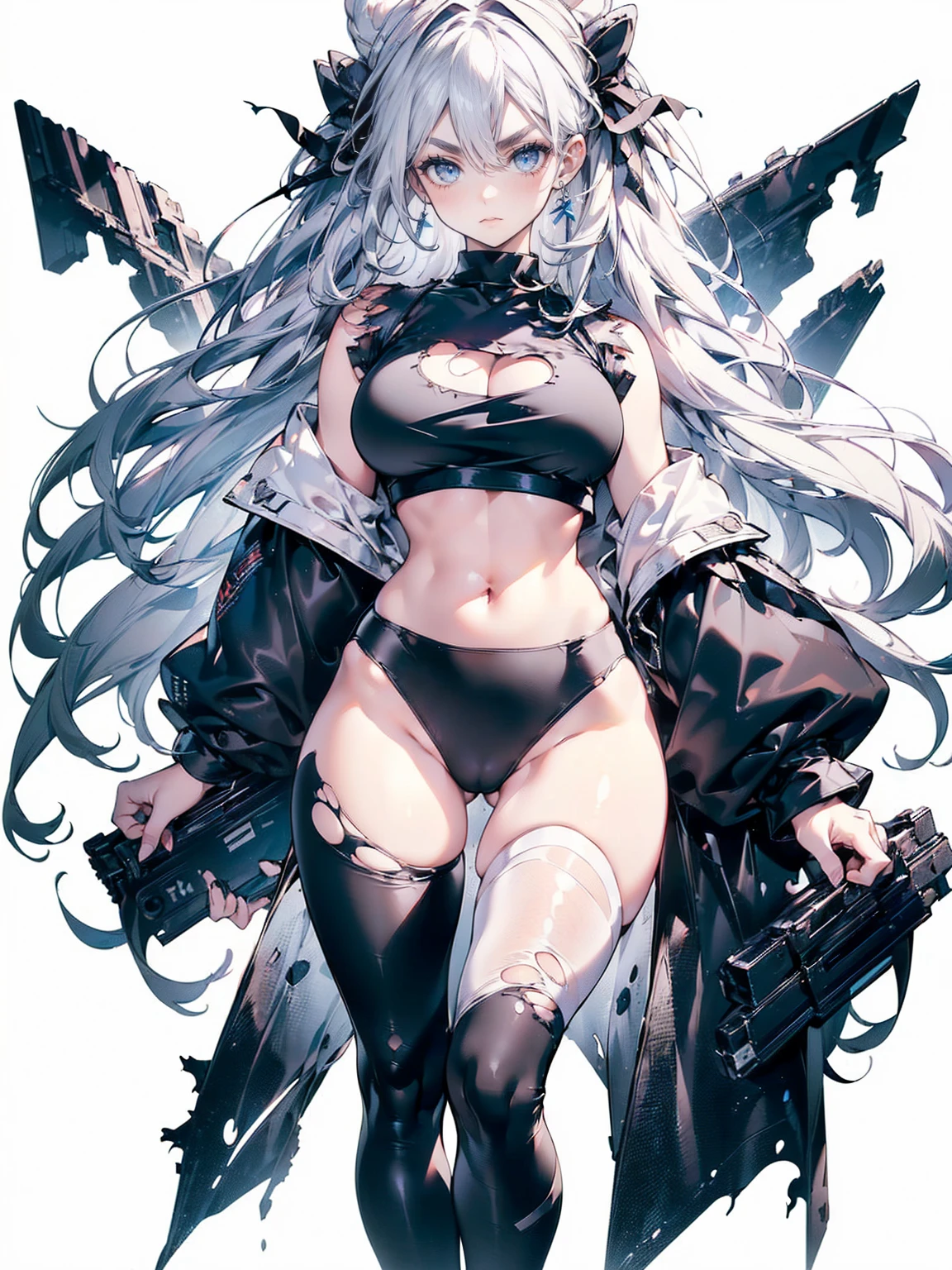 (White Hair Girl), (Thick, dark blue eyebrows:1.4), (Dark blue eyebrows:1.7), (Thick eyebrows:1.3), (Huge black fluffy animal ears:1.1), (Black animal ears:1.1), BREAK, (((Mesh Stitching Crop T-Shirt, Cutout Long Sleeve Top))),BREAK, (Big Breasts:1.2, Thick legs, Adult female body, Sturdy body:1.2), ((full body:1.7, Contrapposto:1.5)), (sharp eyes, Ultra-high definition CG, Precisely designed costumes, 4K, 8K, Ultra-high definition CG, Precisely designed costumes, Clear lines, Expressive and Captivating Eyes, Fine Details and Realistic Textures, cinematic lighting), ((white background)), BREAK, (Wearing black leggings with holes), Skinny sleeves, (Torn and holey leggings:1.2)(Black leggings:1.4), (過剰なRuggedThick soleブーツを履いています:1.2), (Thick sole:1.5), (Big shoes:1.3), ((Lightsabers:1.3, embarrassed))