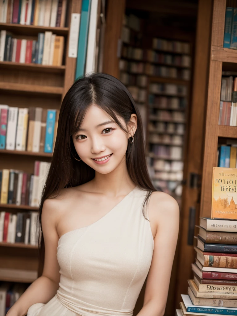 UHD, Extreme close-up of cute Korean female,Chest size 32 inches, straight medium hair, hazel eyes, slightly smile, wearing tank top, sitting in library, blurred background