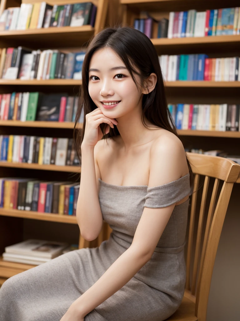(8k, RAW photo, best quality, masterpiece:1.2), (realistic, photo-realistic:1.4), (extremely detailed 8k wallpaper),korean 20 age woman, The image captures her surrounded by shelves of books, emphasizing her intellectual curiosity and the quaint charm of the bookstore,cute face,A woman who looks good with a smile,bewitching hair,reading a book happily,(sexy costume),One-shoulder dress,A smile that invites others,long hair,Thighs are slightly visible through clothing
