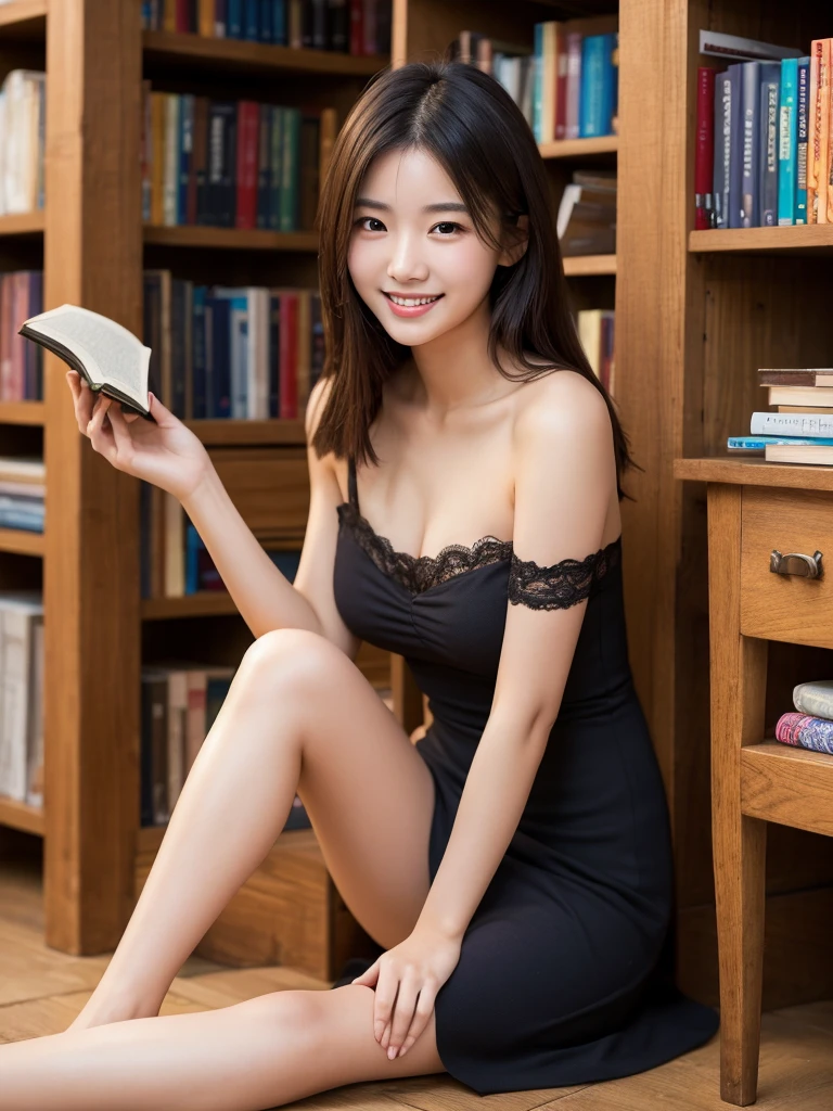 (8k, RAW photo, best quality, masterpiece:1.2), (realistic, photo-realistic:1.4), (extremely detailed 8k wallpaper),korean 20 age woman, The image captures her surrounded by shelves of books, emphasizing her intellectual curiosity and the quaint charm of the bookstore,cute face,A woman who looks good with a smile,bewitching hair,reading a book happily,(sexy costume),One-shoulder dress,A smile that invites others