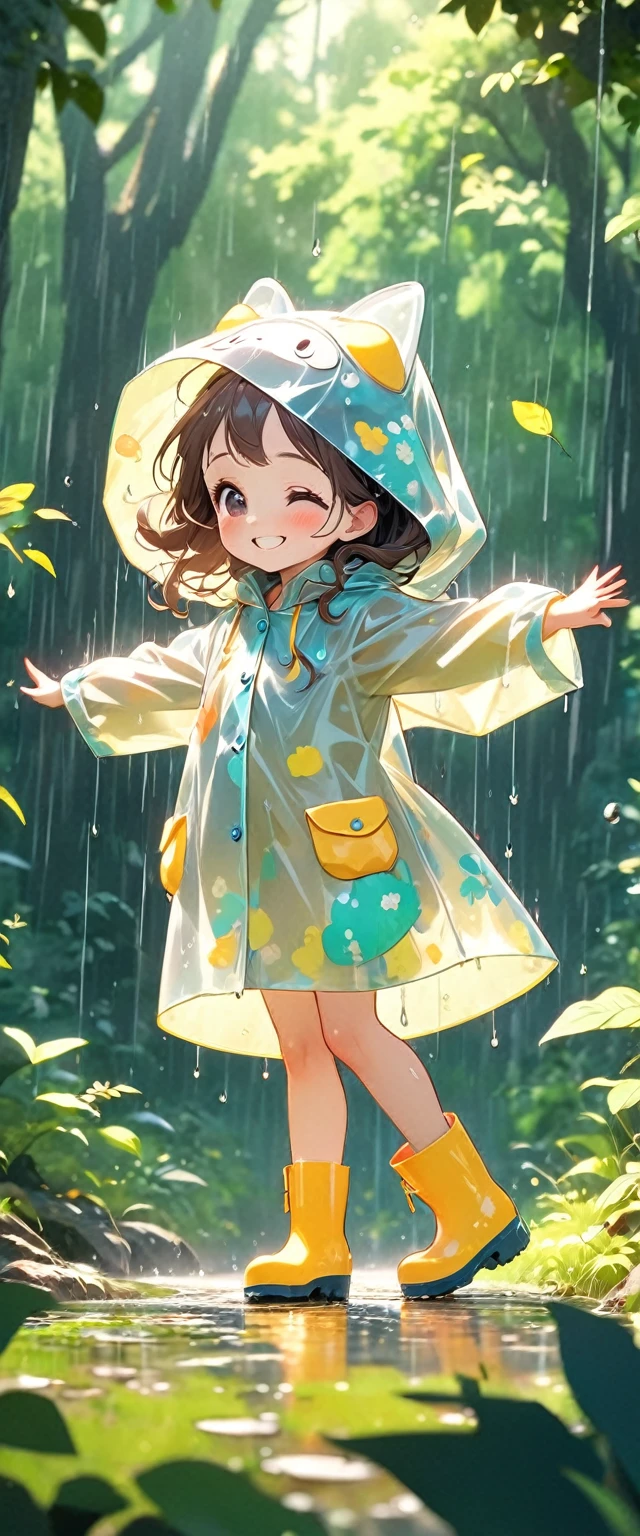 A cute ***********, Wearing cute raincoat and rain boots,Dancing in the rainy summer forest.Tilt your head and look at people with a smile.Close-up of character( Perfect anatomical structure )The whole body is perfectly presented and beautiful and the texture is extremely delicate，detailed, bright, Animation style high definition and high quality presentation