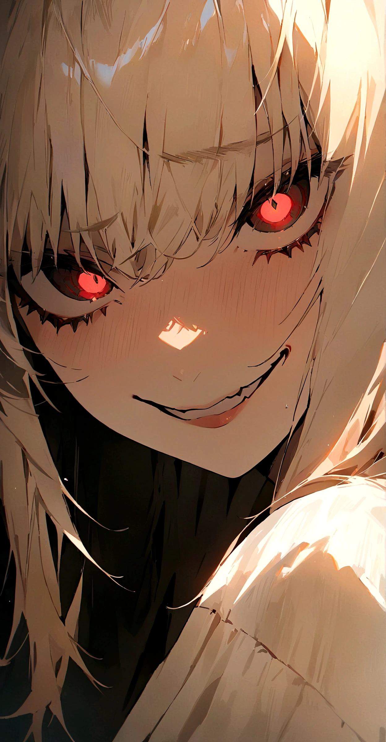 masterpiece , abyss , beauty , white hair , red eyes , halo ring angel , soft light , dark vibe , no wings , she looks badass , glowing eyes , horror , scary smile, yandere , mature women