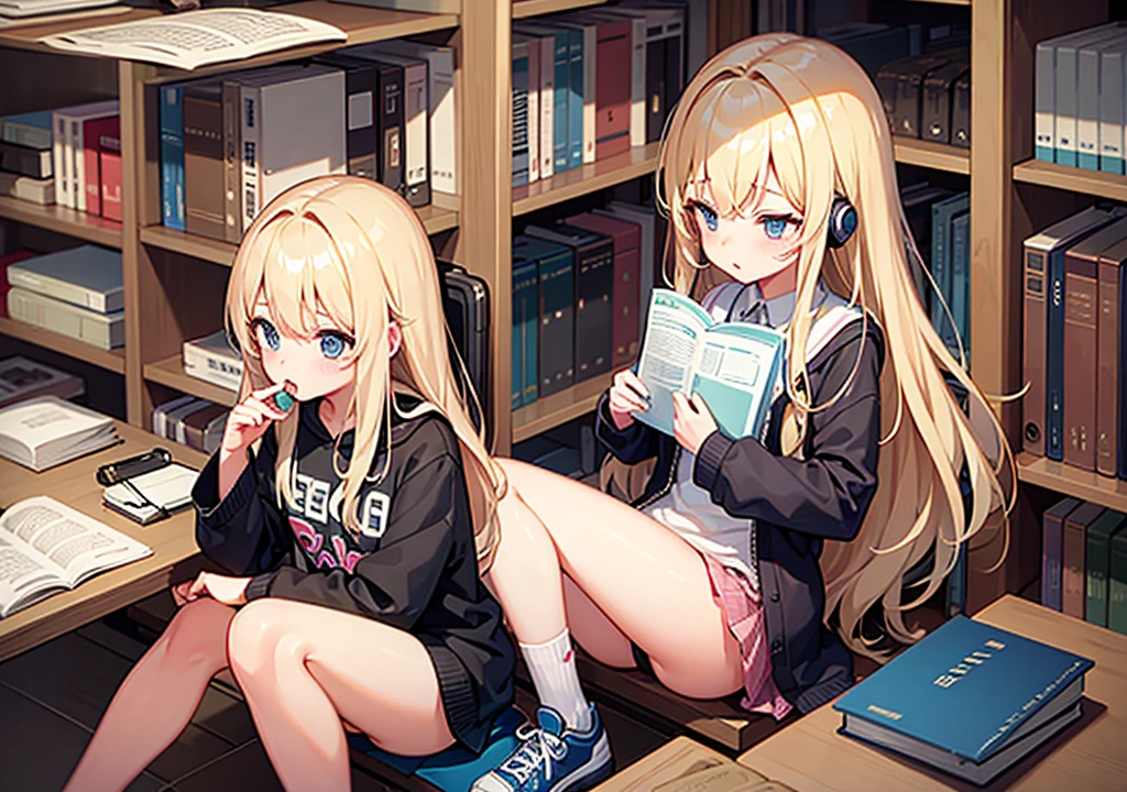 One Girl、Blonde、Long Hair、studying、Headphones、library、アニメイラスト