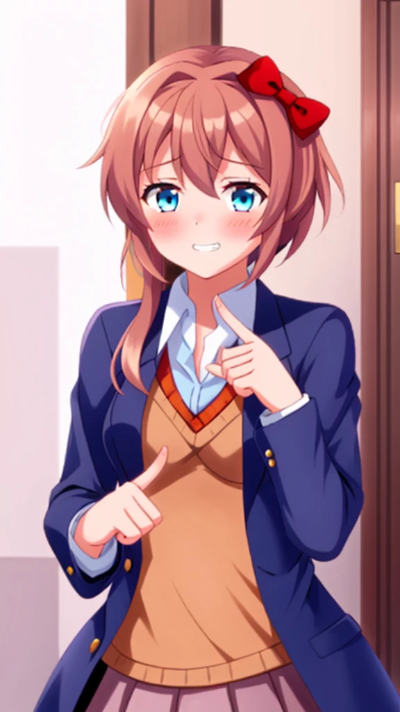 one girl, Sayori, DDLC, Doki Doki Literature Club, hair bow, school blazer, light blue eyes, index fingers together, shy, blush, smile awkwardly, feel sorry, Ehehe~, teeth, shifty eyes, girl don't look at me, girl is clumsy and make a mistake