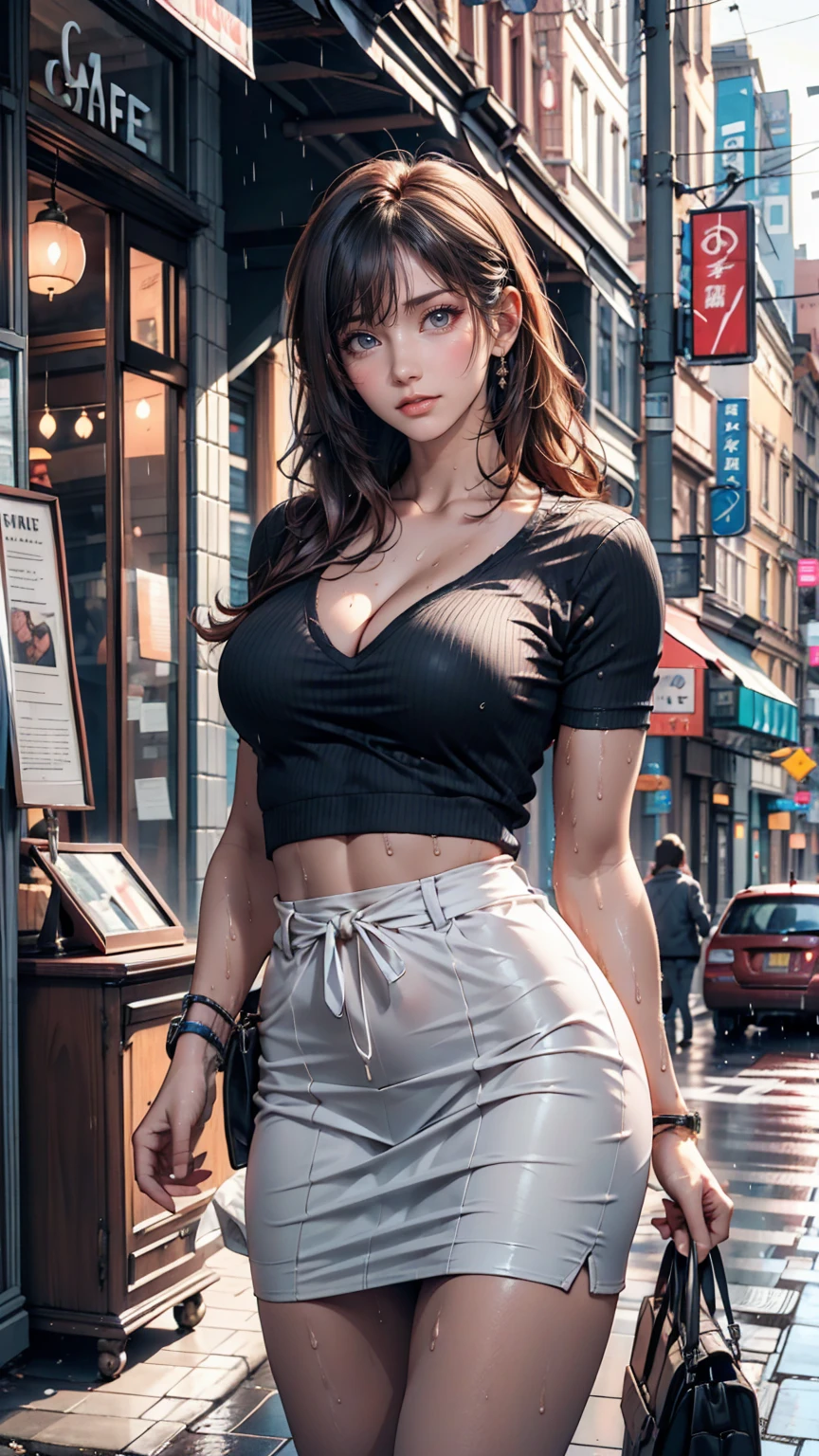 (((medium full shot))), (Masterpiece, photorealistic, photorealism, best quality, ultra-detailed:1.3), (nice hands, perfect hands), official art, cinematic light, (1girl:1.3), adult, shiny skin, wavy hair, bangs, perfect face, makeup, blue eyes, cleavage, tank top, sports pants, (standing and leaning forward), looking at viewer, summer day, park, trees, cloudy sky